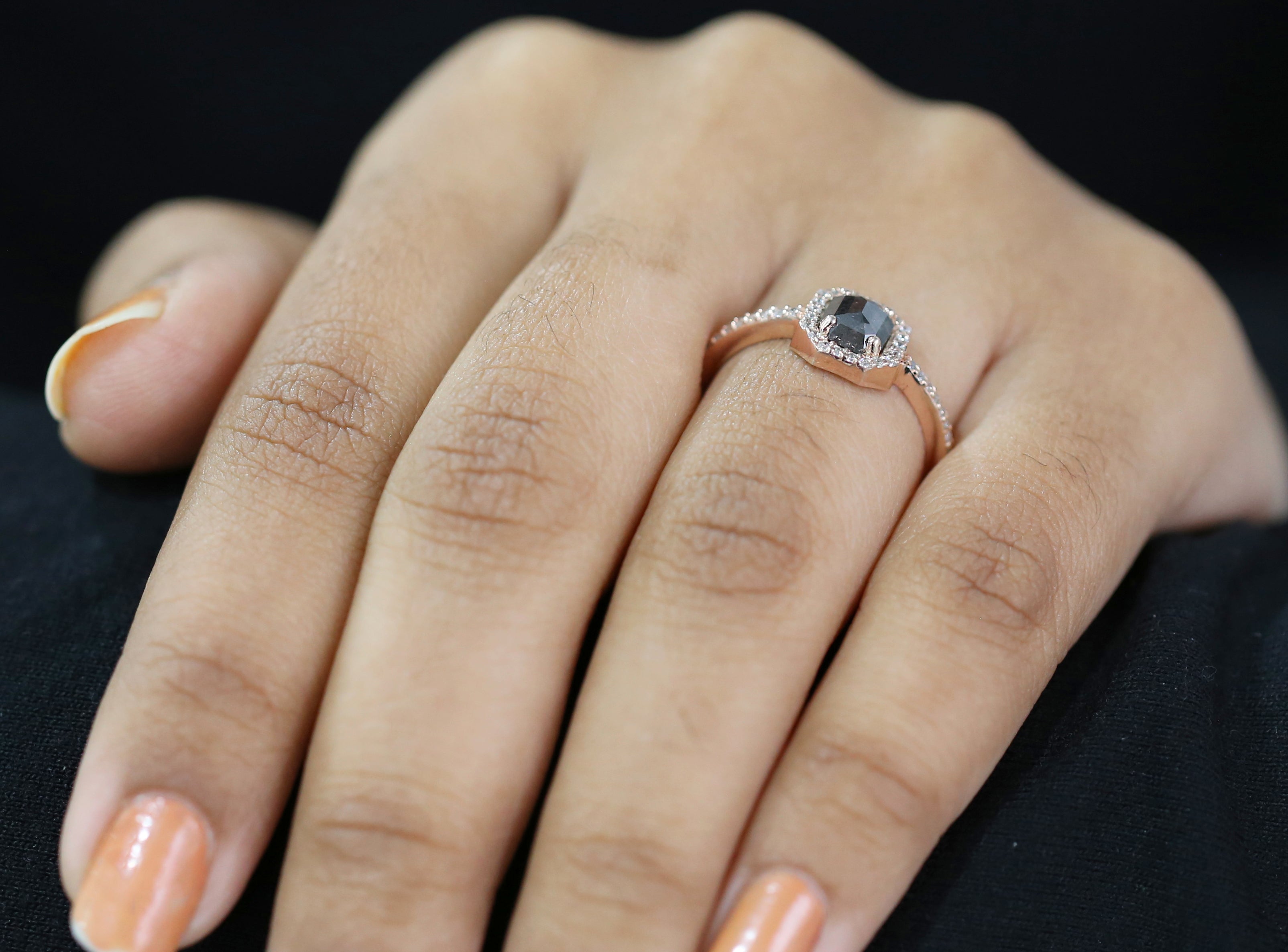 Emerald Cut Salt And Pepper Diamond Ring 0.69 Ct 5.46 MM Emerald Diamond Ring 14K Solid Rose Gold Silver Engagement Ring Gift For Her QL3129