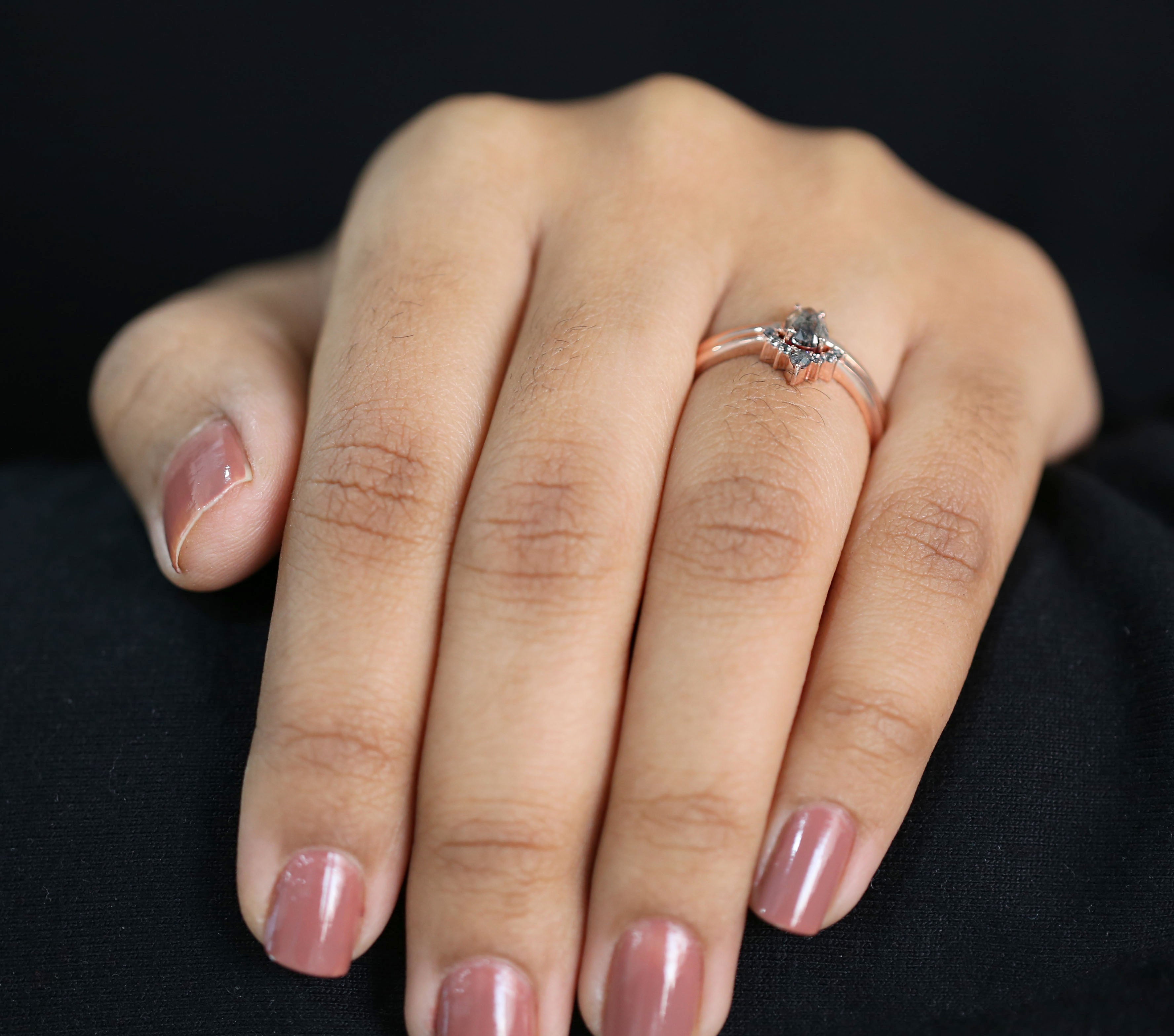 Pear Cut Salt And Pepper Diamond Ring 0.42 Ct 5.60 MM Pear Diamond Ring 14K Solid Rose Gold Silver Pear Engagement Ring Gift For Her QL3144