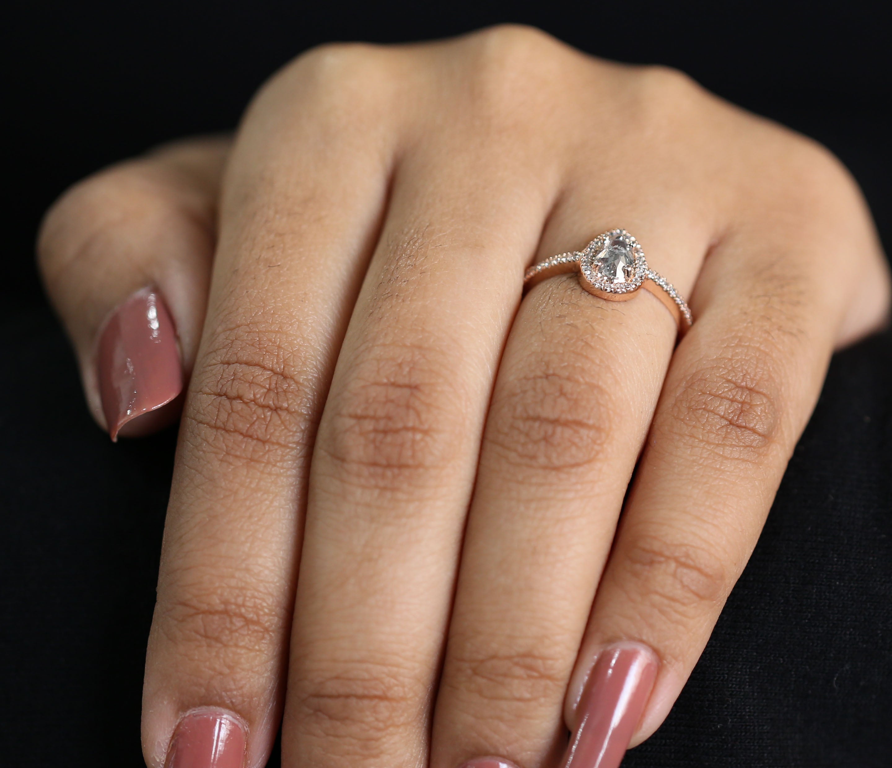 Pear Cut Salt And Pepper Diamond Ring 0.45 Ct 6.55 MM Pear Shape Diamond Ring 14K Solid Rose Gold Silver Engagement Ring Gift For Her QL3133