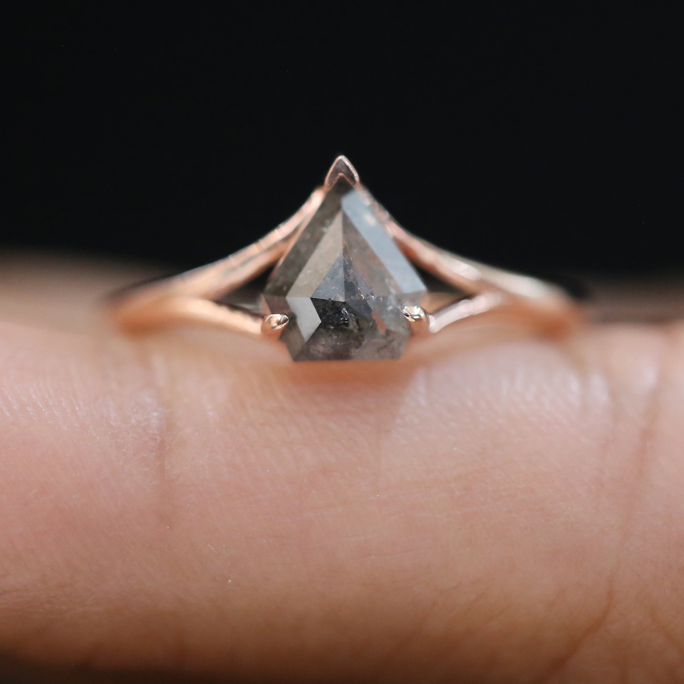 Shield Salt And Pepper Diamond Ring 0.88 Ct 7.20 MM Shield Shape Diamond Ring 14K Solid Rose Gold Silver Engagement Ring Gift For Her QN9205