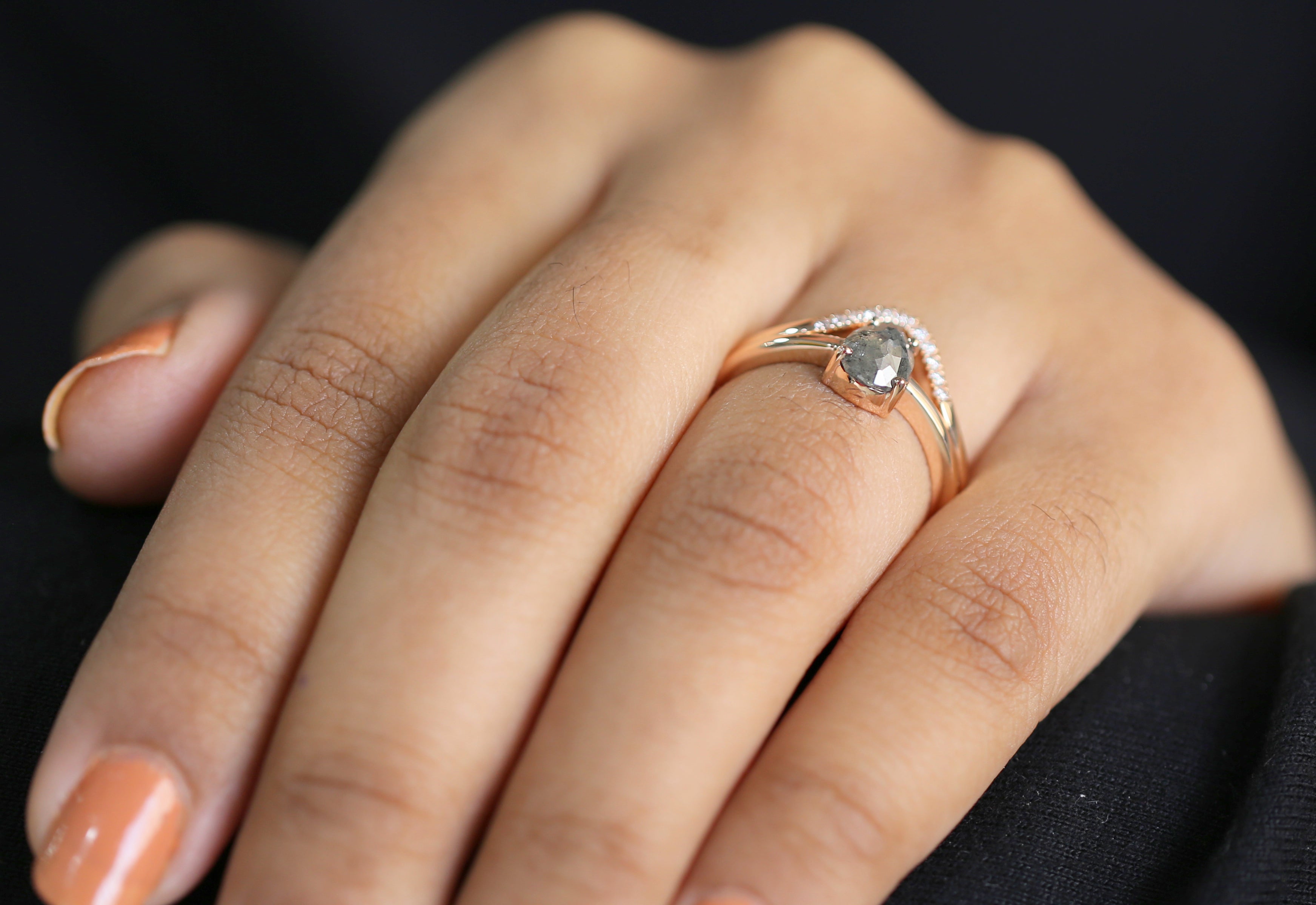 Pear Cut Salt And Pepper Diamond Ring 1.13 Ct 8.30 MM Pear Diamond Ring 14K Solid Rose Gold Silver Pear Engagement Ring Gift For Her QL3024