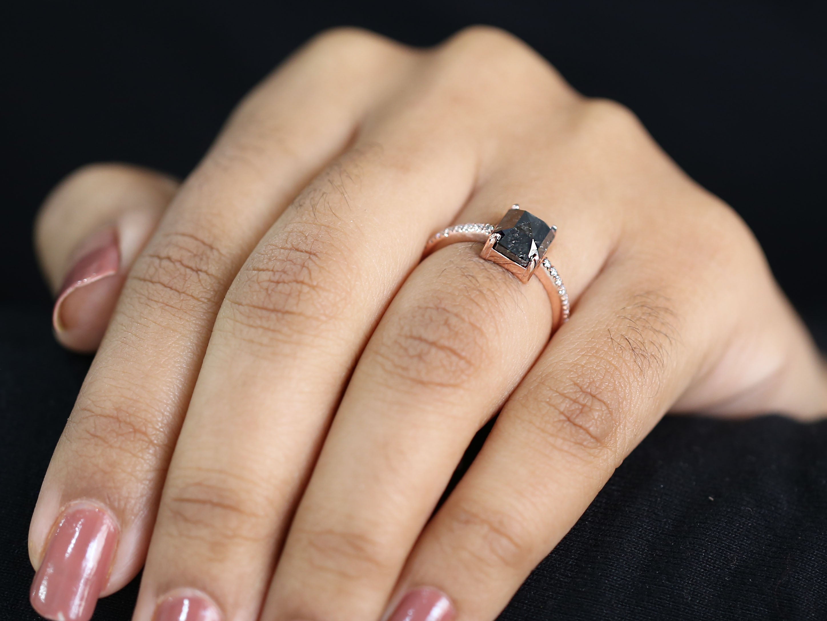 Emerald Cut Black Color Diamond Ring 2.36 Ct 8.08 MM Emerald Diamond Ring 14K Solid Rose Gold Silver Engagement Ring Gift For Her QL7322