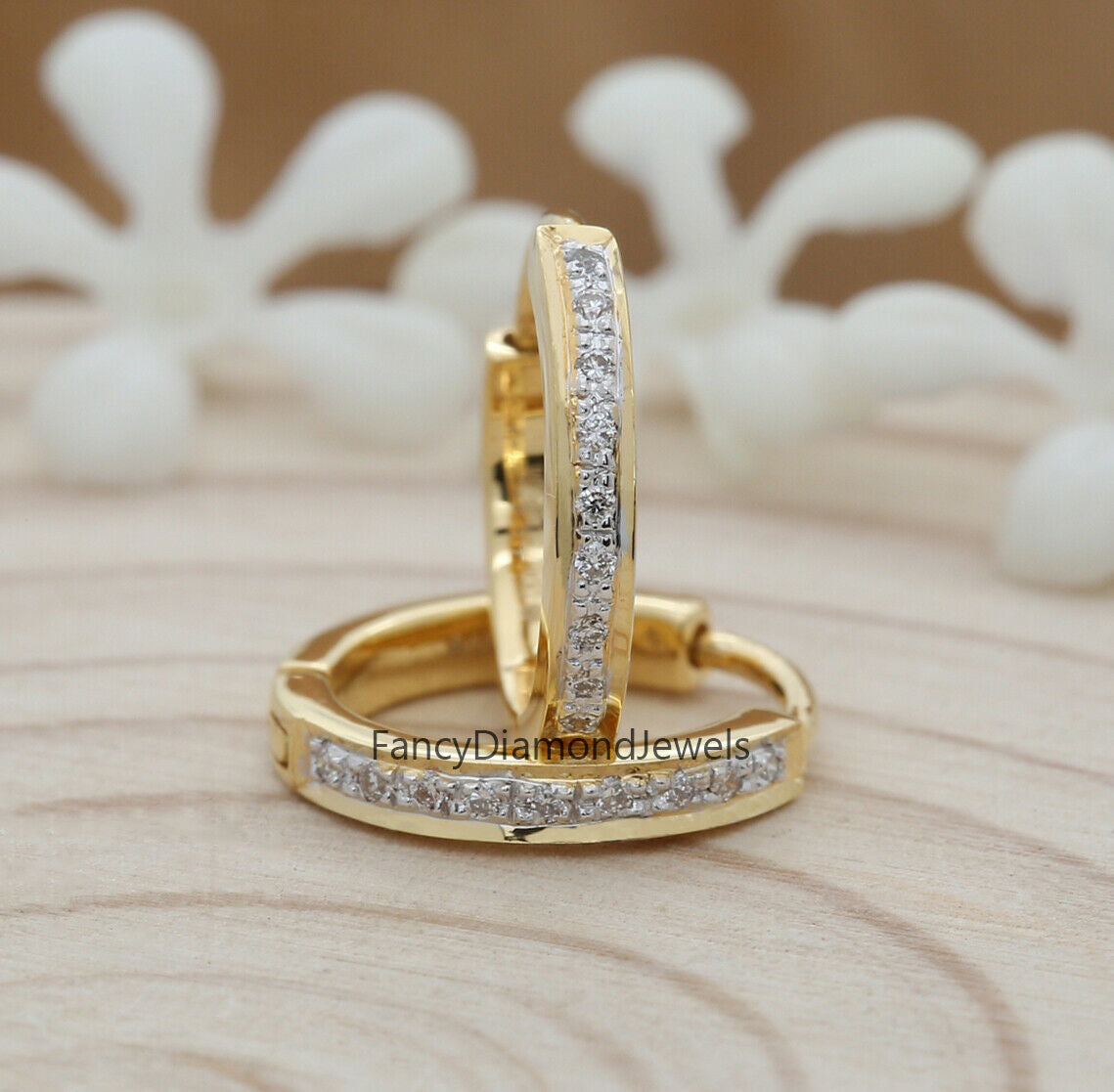 Natural White Round Diamond Earring 14K Yellow Gold Hoop Earring Valentine Gift KD900