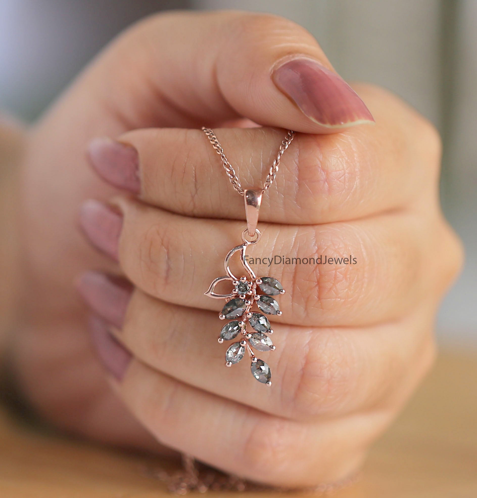 Marquise Cut Salt And Pepper Diamond Pendant 1.12 Ct 4.76 MM Marquise Diamond Pendant 14K Solid Rose Gold Silver Engagement Pendant QL2666