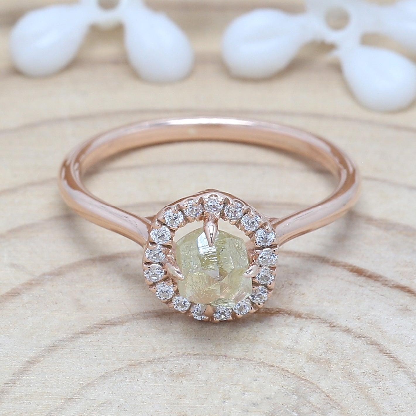 Rough Yellow Color Diamond Ring 0.98 Ct 5.40 MM Crystal Rough Diamond Ring 14K Solid Rose Gold Silver Engagement Ring Gift For Her QN2528