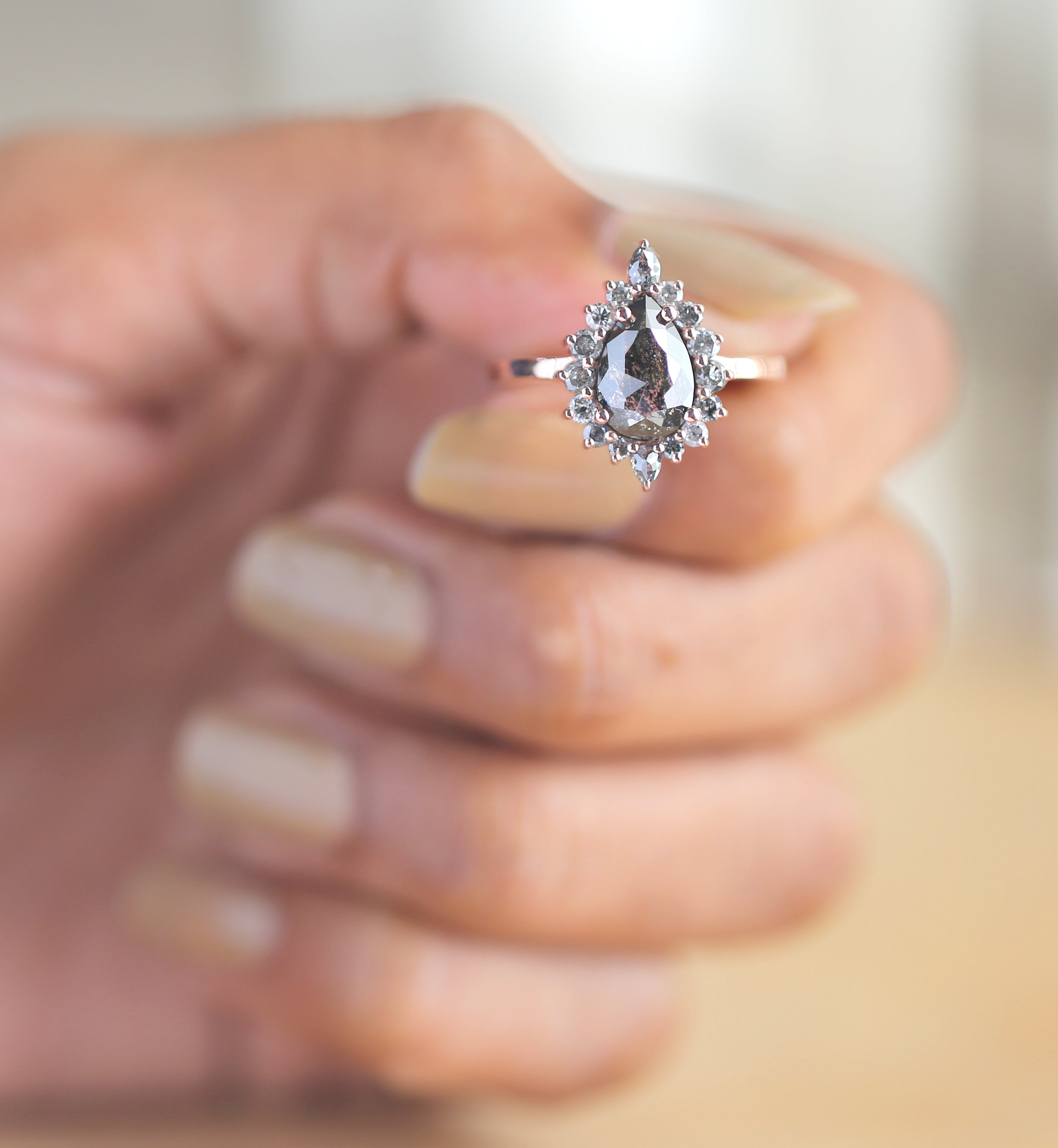 1.69 CT Salt And Pepper Ring, Pear Diamond Ring, Engagement Ring, 14K Rose Gold Ring, Rose Cut Ring, Wedding Ring, Gift For Her KDL691