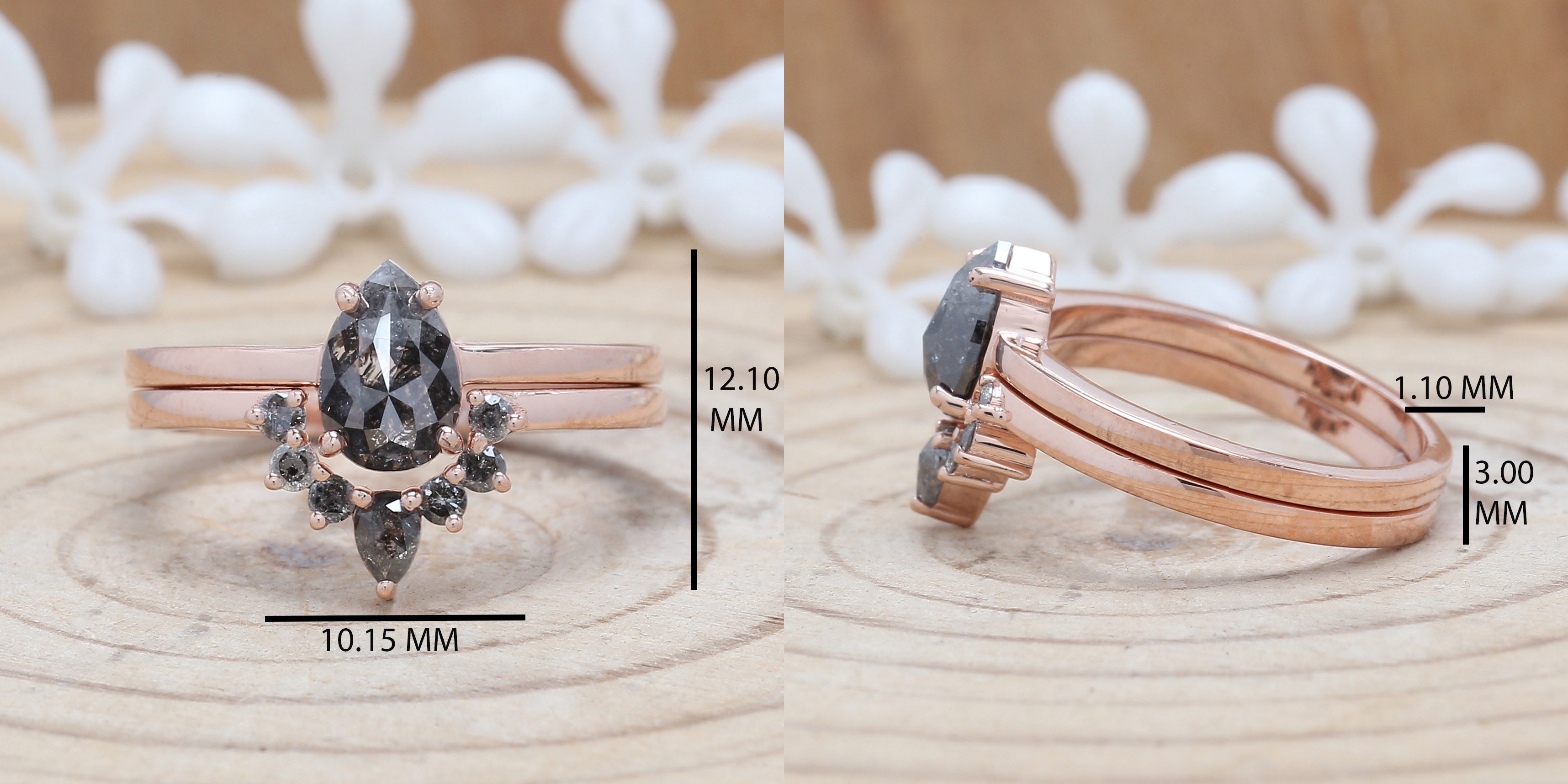 0.93 CT Salt And Pepper Diamond Ring, Pear Diamond Ring, Engagement Ring, 14K Rose Gold Ring, Rose Cut Ring, Wedding Gift For Her KDL680