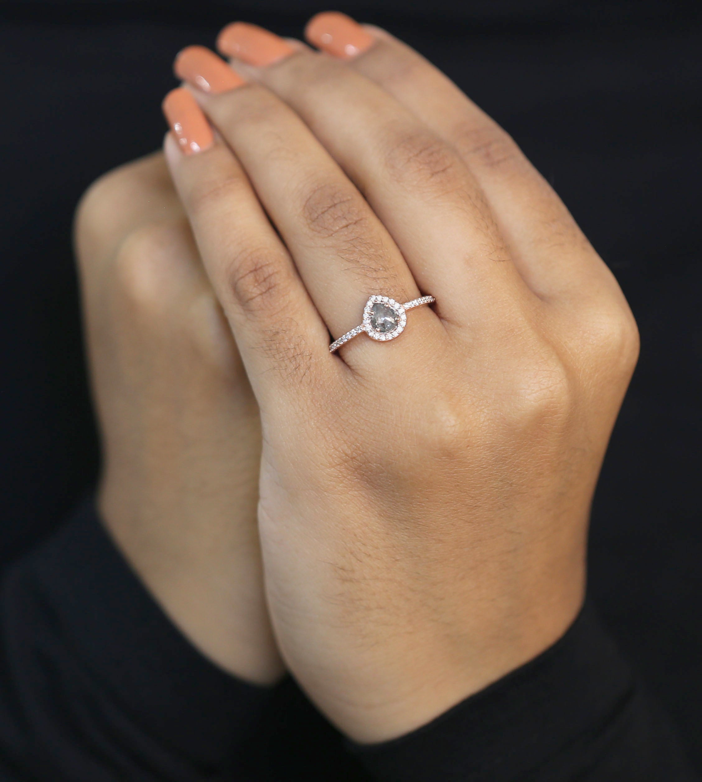 Pear Cut Salt And Pepper Diamond Ring 0.47 Ct 5.65 MM Pear Shape Diamond Ring 14K Solid Rose Gold Silver Engagement Ring Gift For Her QL3135