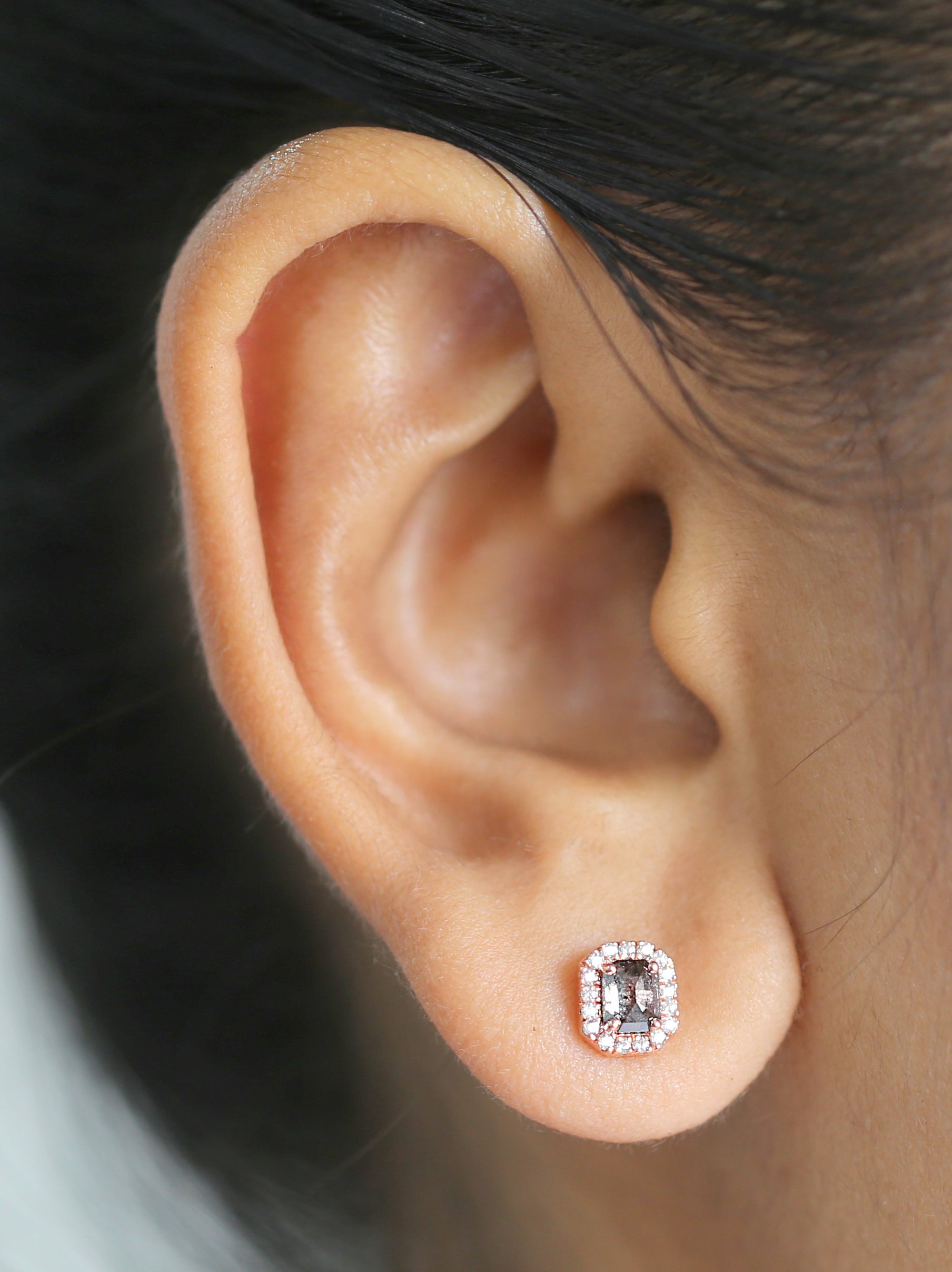 0.65Ct Natural Emerald Salt and Pepper Diamond Earring 4.80 MM Emerald Diamond Earring 14K Solid Rose Gold Silver Engagement Earring QL2544
