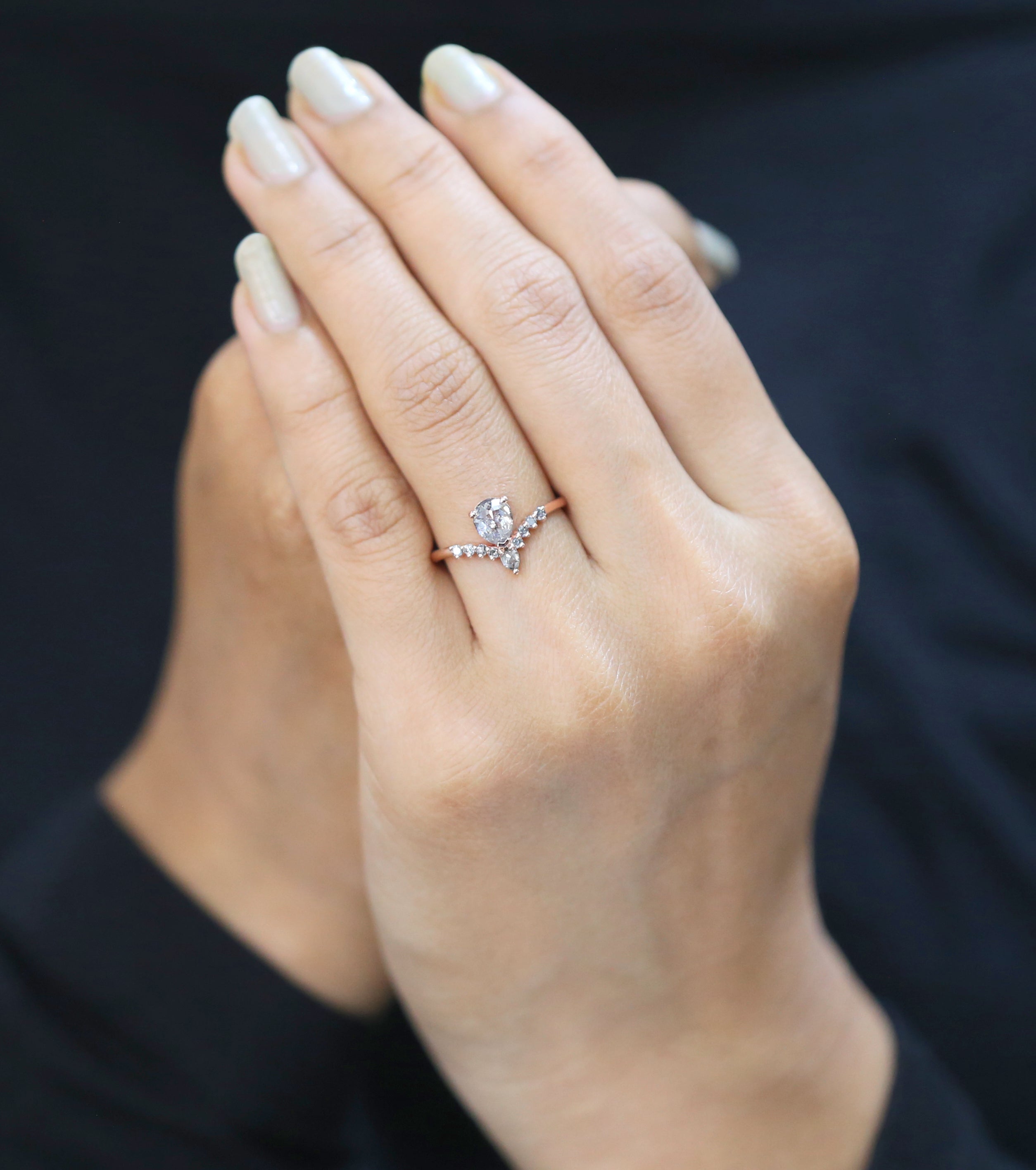 Pear Cut Salt And Pepper Diamond Ring 0.83 Ct 6.35 MM Pear Shape Diamond Ring 14K Solid Rose Gold Silver Engagement Ring Gift For Her QL8506