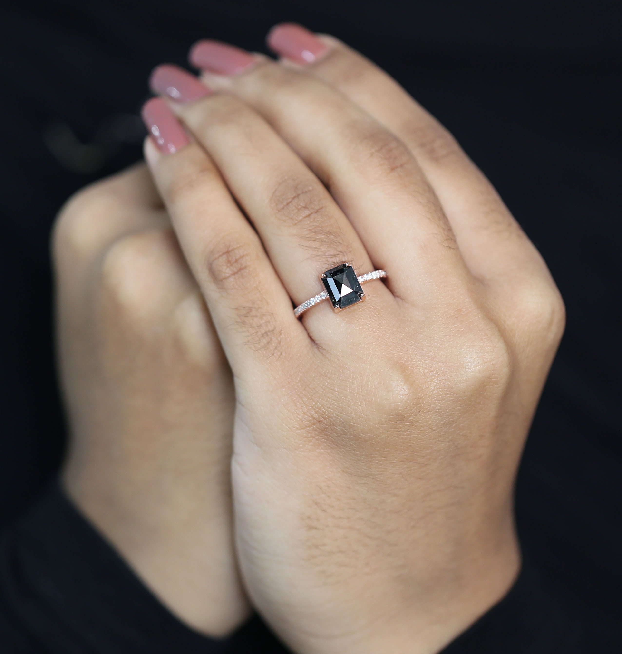 Emerald Cut Black Color Diamond Ring 2.36 Ct 8.08 MM Emerald Diamond Ring 14K Solid Rose Gold Silver Engagement Ring Gift For Her QL7322