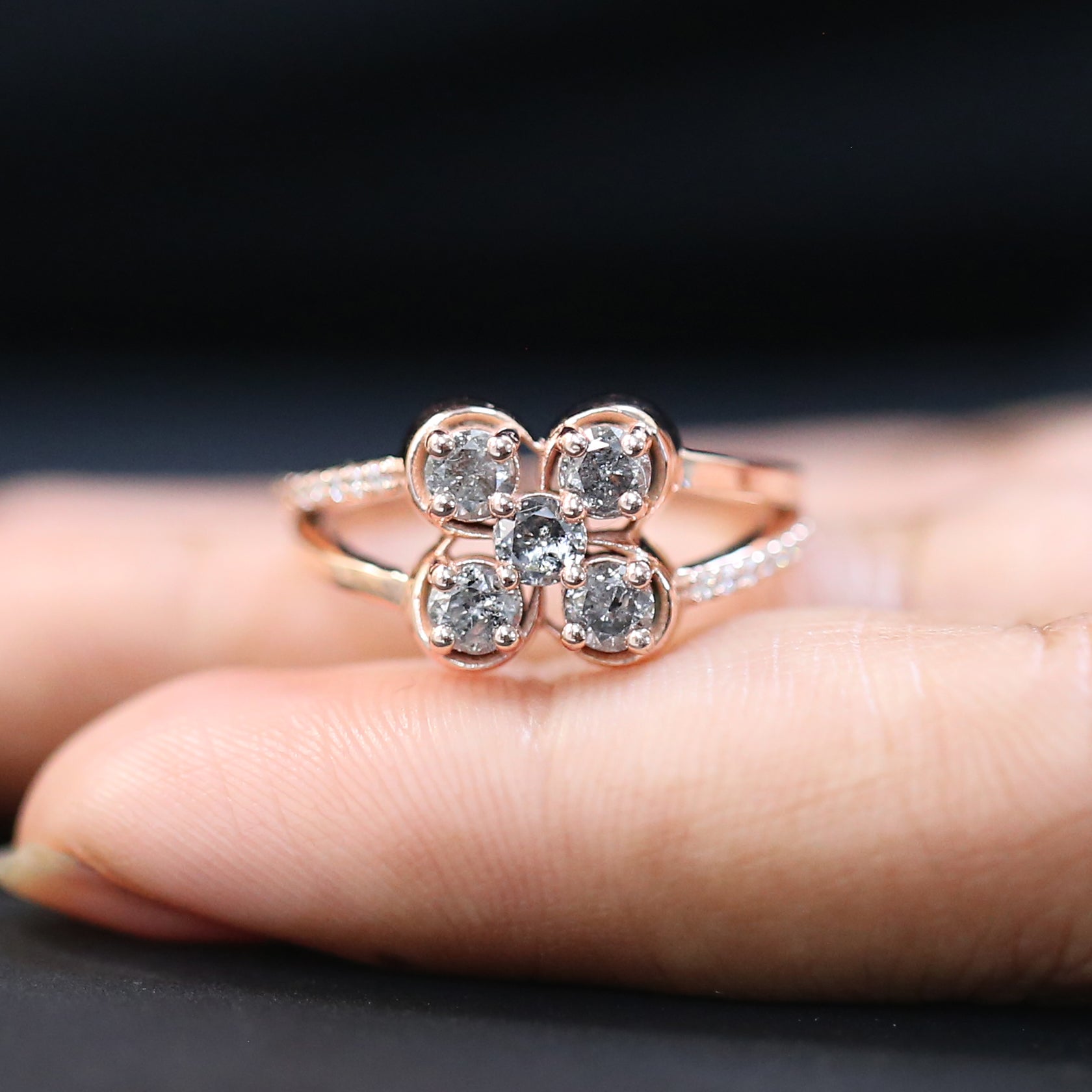 Round Shape Salt And Pepper Diamond Ring 0.73 Ct 3.30 MM Round Diamond Ring 14K Solid Rose Gold Silver Engagement Ring Gift For Her QL1392