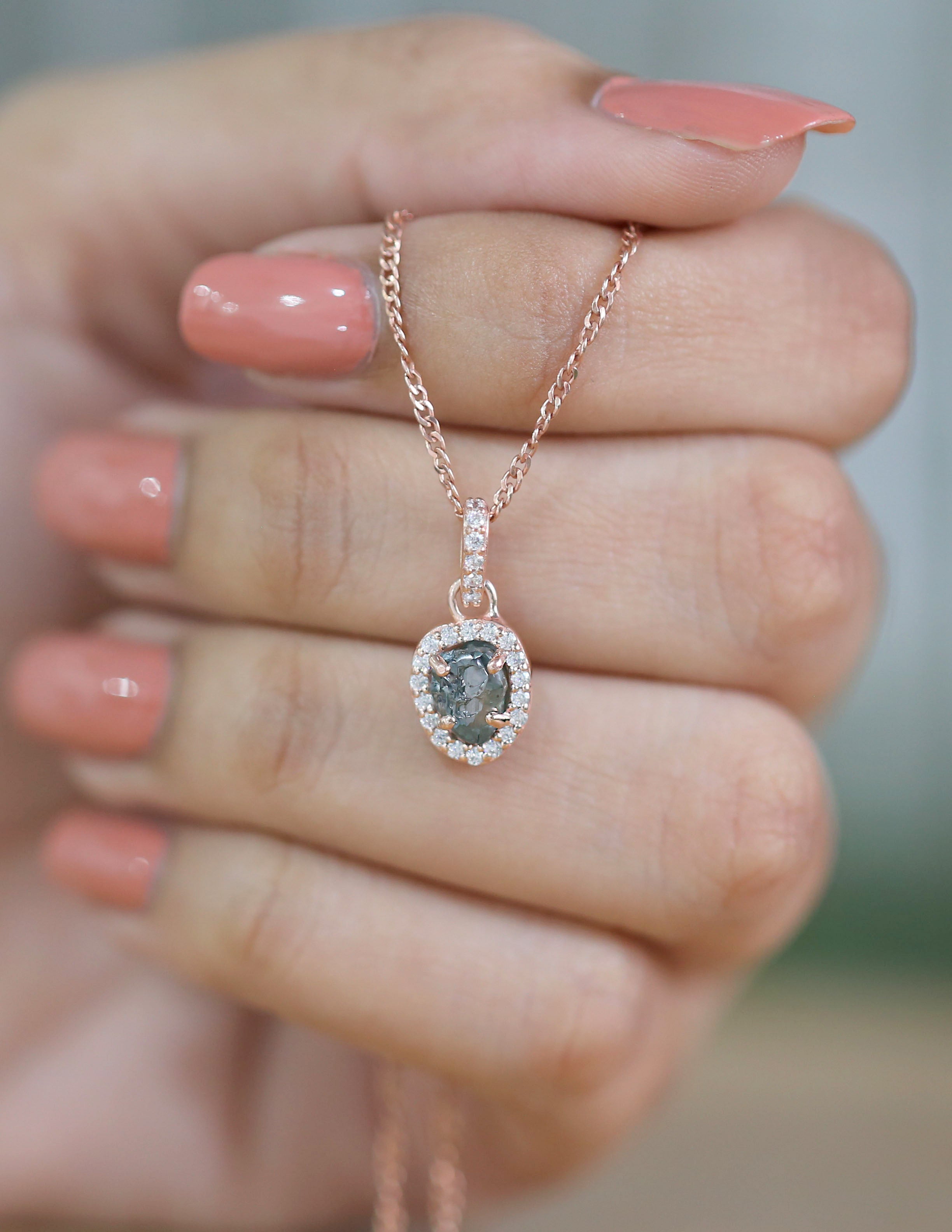 Rough Blue Color Diamond Pendant 1.04 Ct 6.61 MM Uncut Diamond Pendant 14K Solid Rose Gold Silver Engagement Pendant Gift For Her QL2256