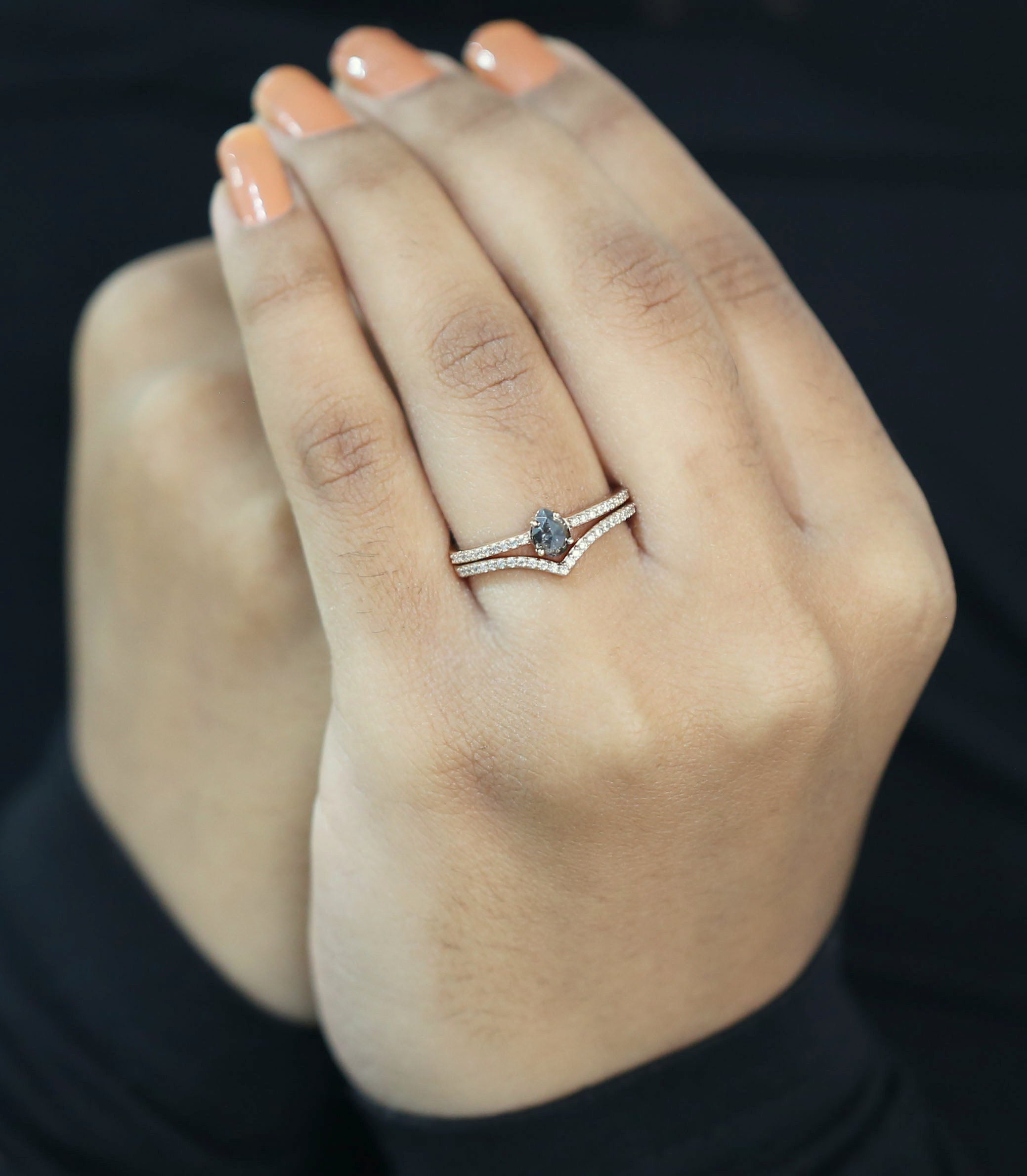 Pear Cut Salt And Pepper Diamond Ring 0.46 Ct 5.35 MM Pear Diamond Ring 14K Solid Rose Gold Silver Pear Engagement Ring Gift For Her QL3126