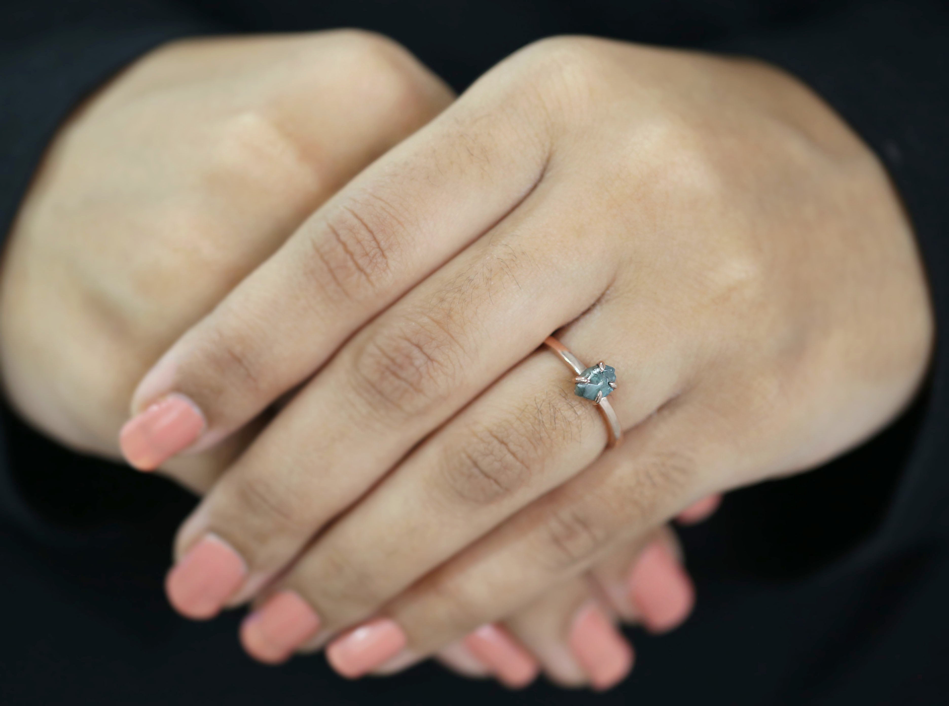 Rough Blue Color Diamond Ring 0.83 Ct 6.65 MM Crystal Rough Diamond Ring 14K Solid Rose Gold Silver Engagement Ring Gift For Her QL2224