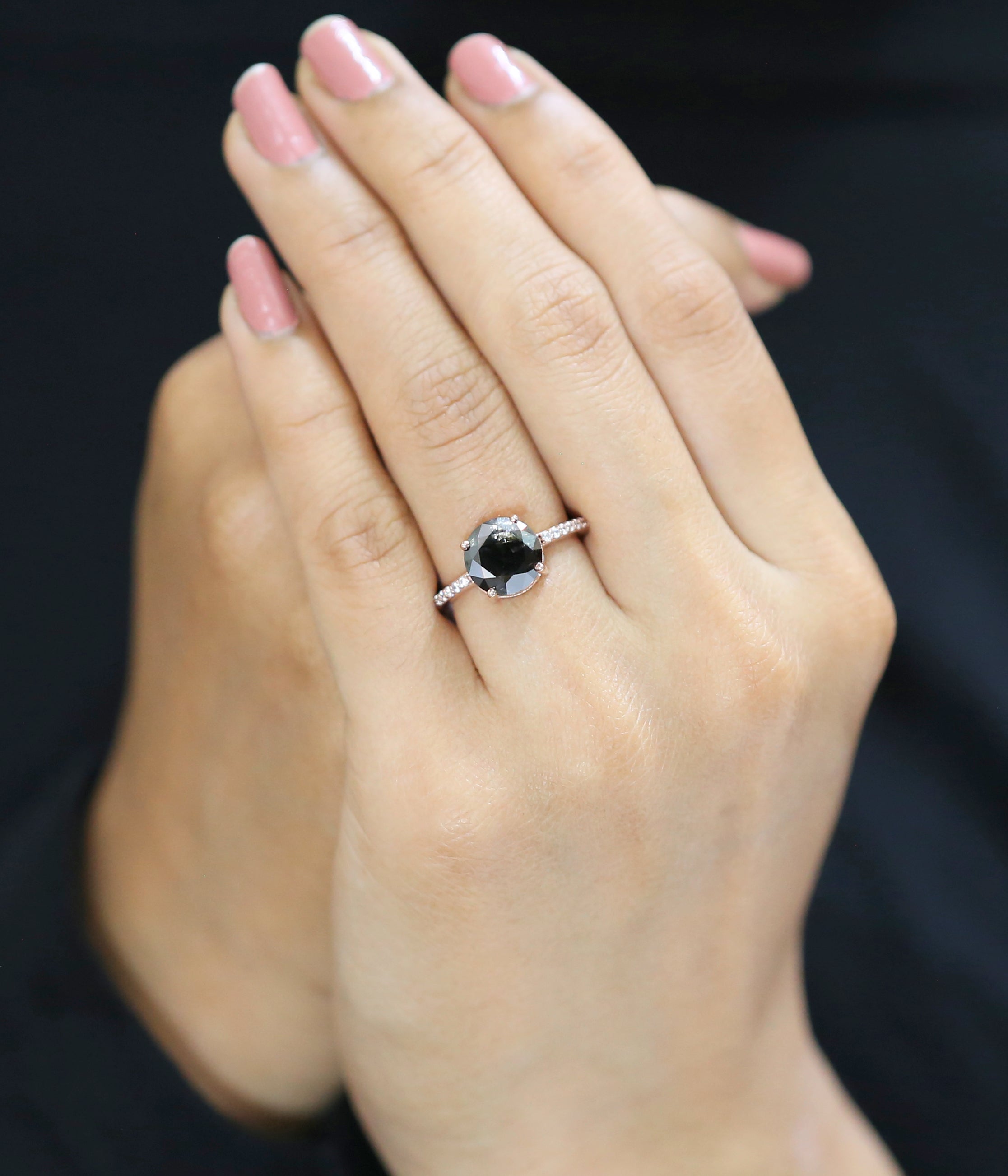 Round Cut Black Color Diamond Ring 2.93 Ct 9.00 MM Round Shape Diamond Ring 14K Solid Rose Gold Silver Engagement Ring Gift For Her QL389