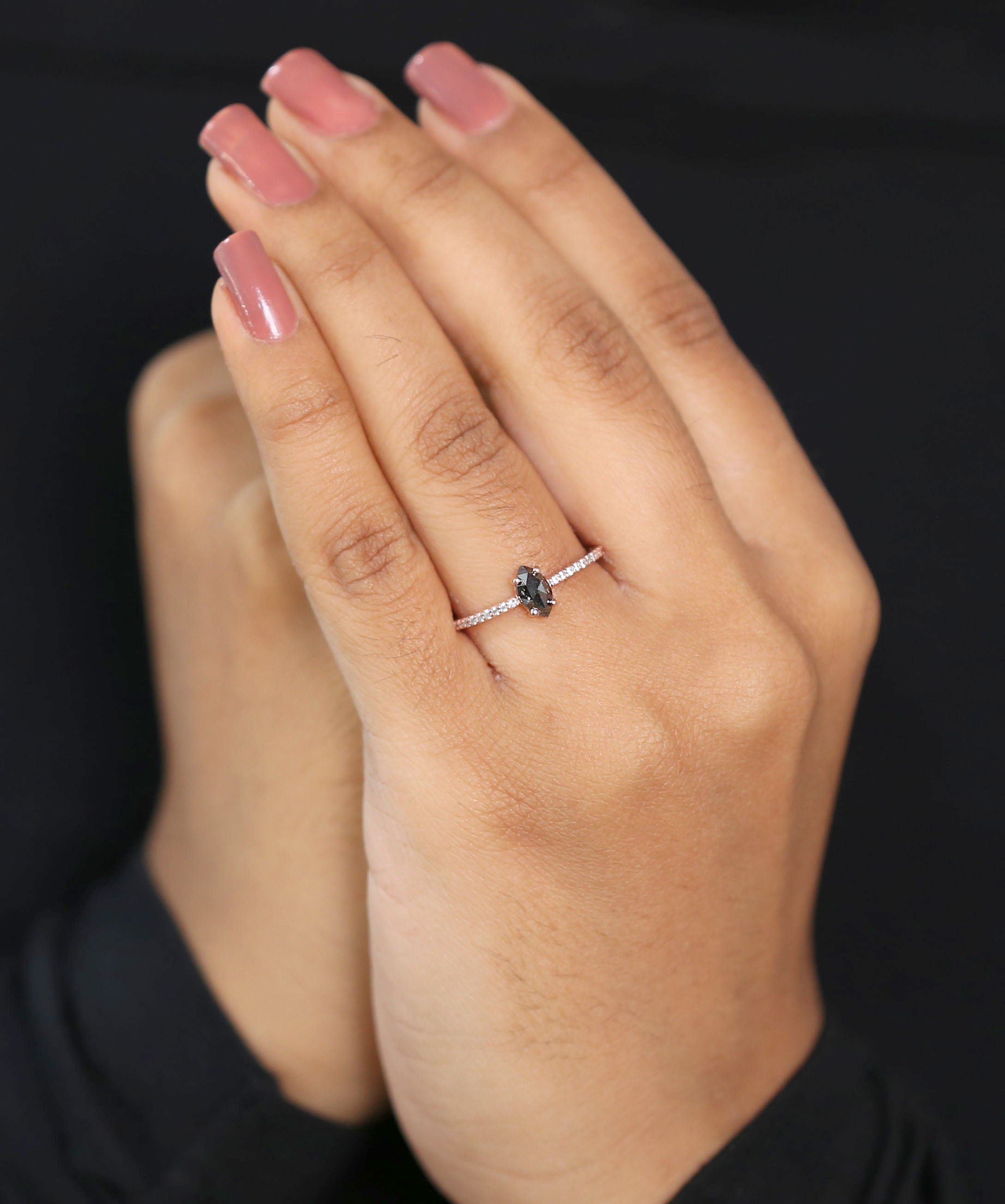 Marquise Salt And Pepper Diamond Ring 0.61 Ct 6.95 MM Marquise Diamond Ring 14K Solid Rose Gold Silver Engagement Ring Gift For Her QL3137