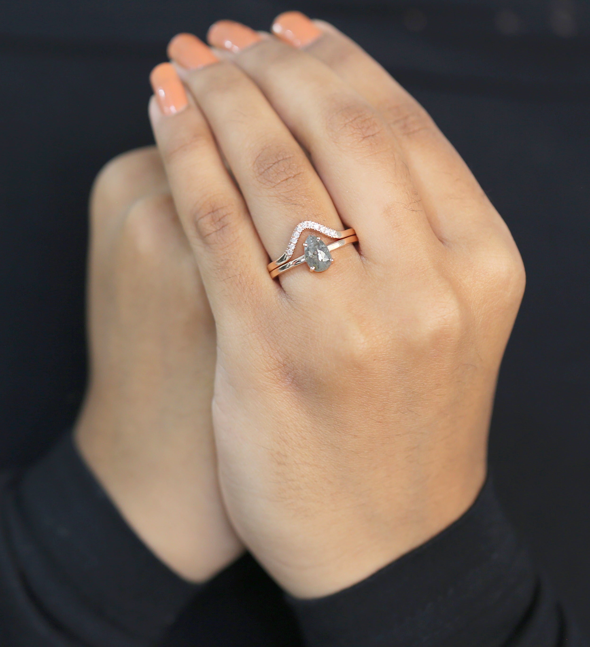 Pear Cut Salt And Pepper Diamond Ring 1.13 Ct 8.30 MM Pear Diamond Ring 14K Solid Rose Gold Silver Pear Engagement Ring Gift For Her QL3024