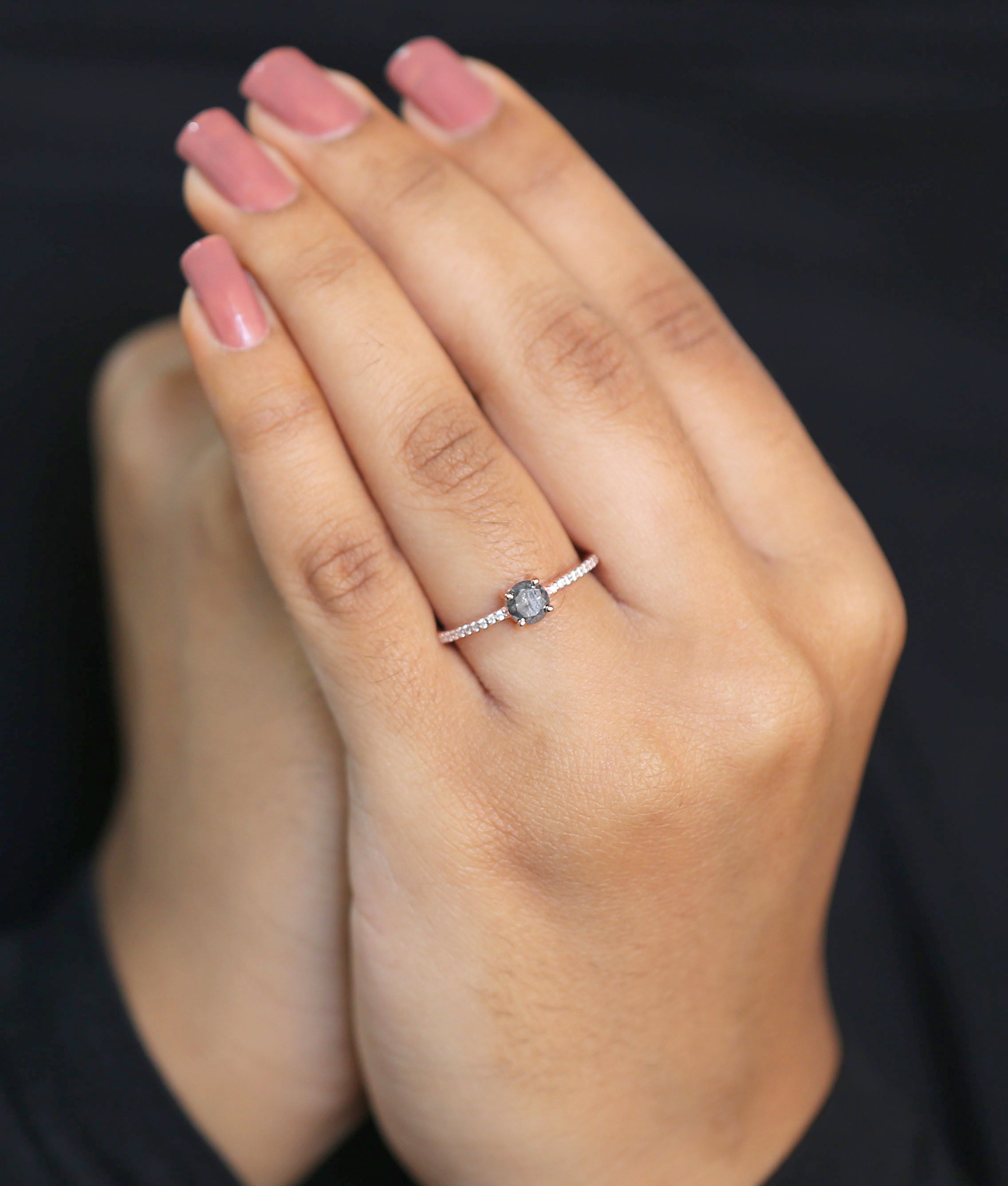 Round Cut Salt And Pepper Diamond Ring 0.58 Ct 4.95MM Round Diamond Ring 14K Solid Rose Gold Silver Engagement Ring Gift For Her QL7918