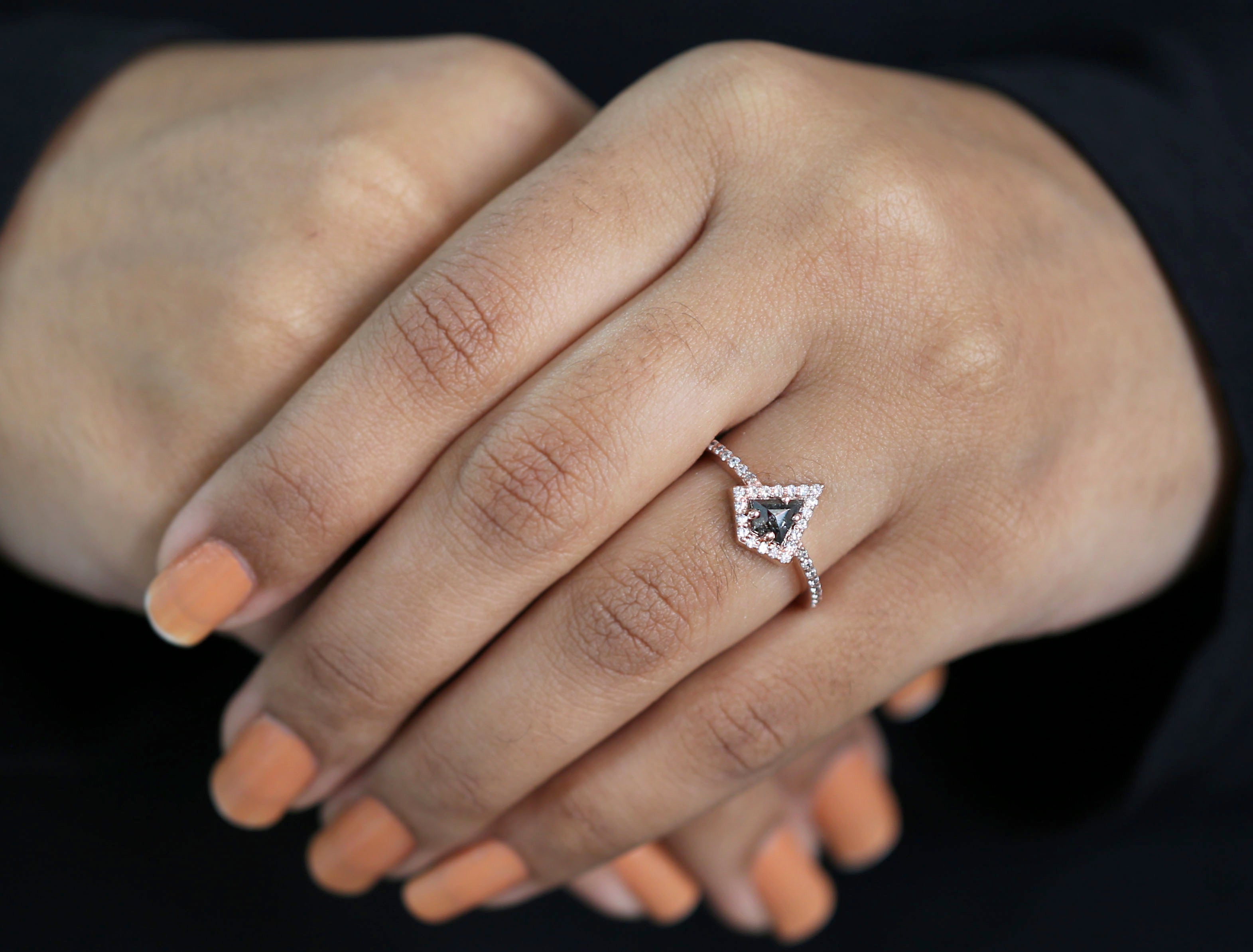 Kite Cut Salt And Pepper Diamond Ring 0.53 Ct 6.30 MM Kite Diamond Ring 14K Solid Rose Gold Silver Kite Engagement Ring Gift For Her QL3131