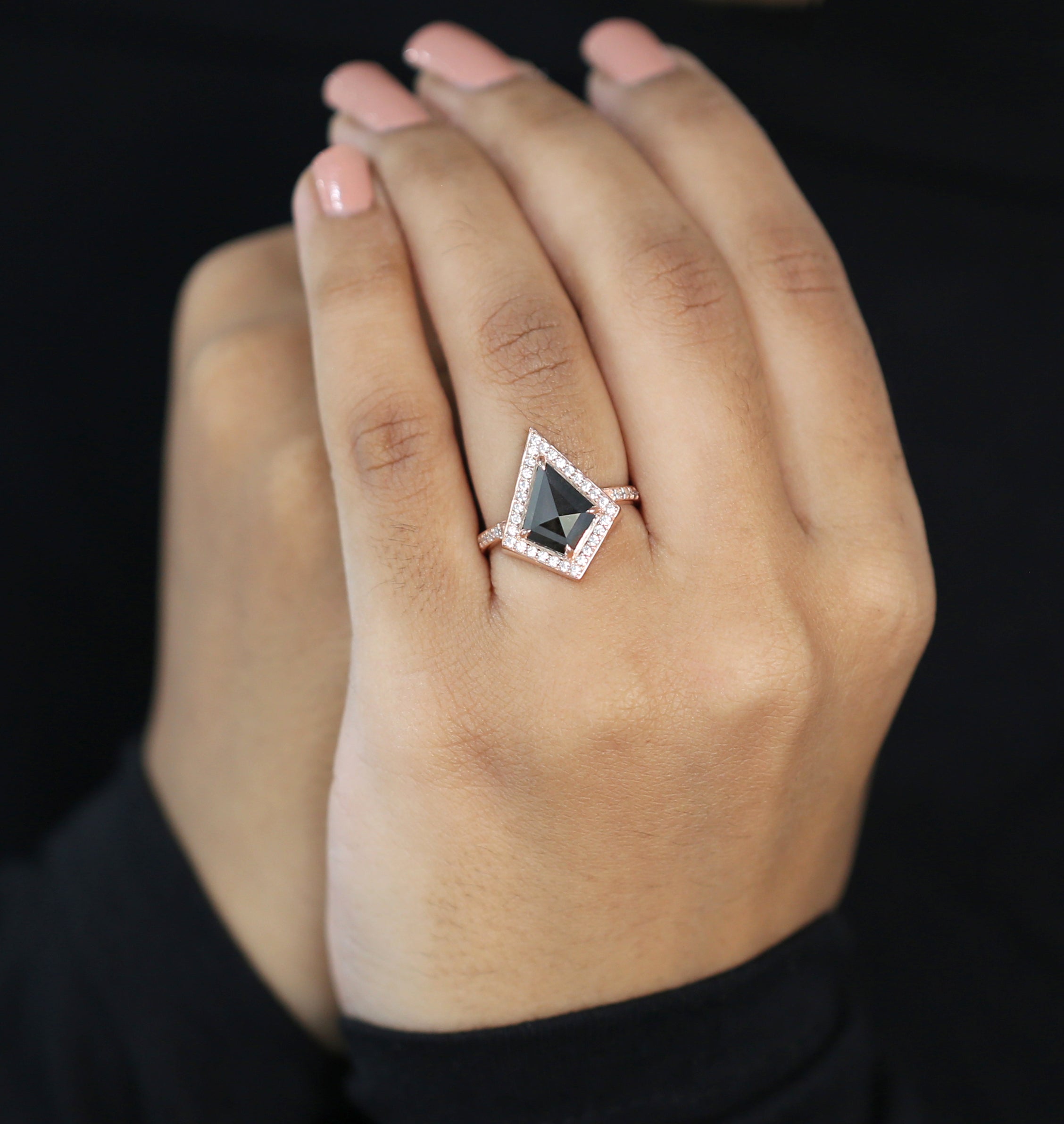 Kite Cut Salt And Pepper Diamond Ring 2.71 Ct 12.03 MM Kite Diamond Ring 14K Solid Rose Gold Silver Kite Engagement Ring Gift For Her QL2121