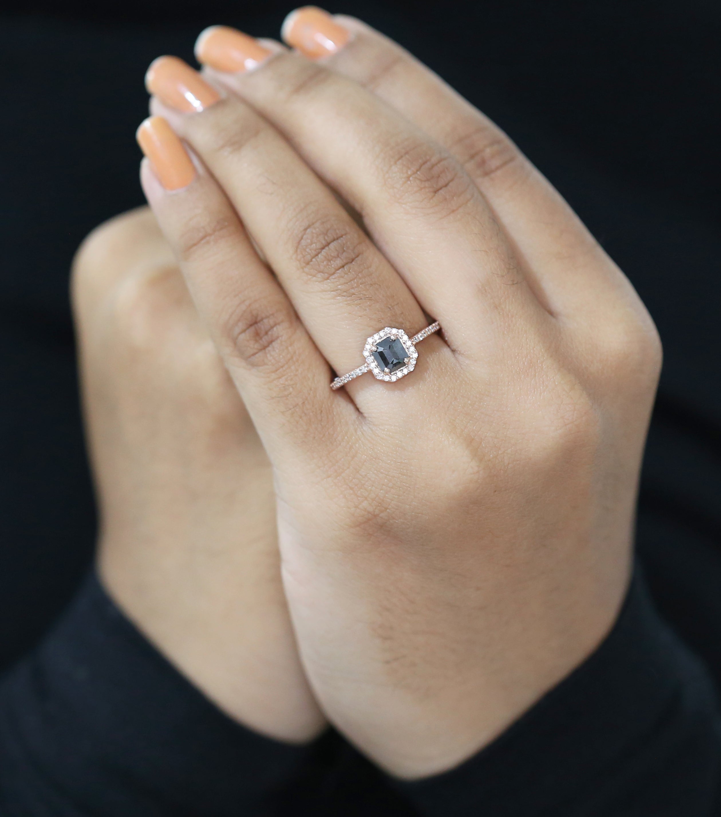 Emerald Cut Salt And Pepper Diamond Ring 0.69 Ct 5.46 MM Emerald Diamond Ring 14K Solid Rose Gold Silver Engagement Ring Gift For Her QL3129