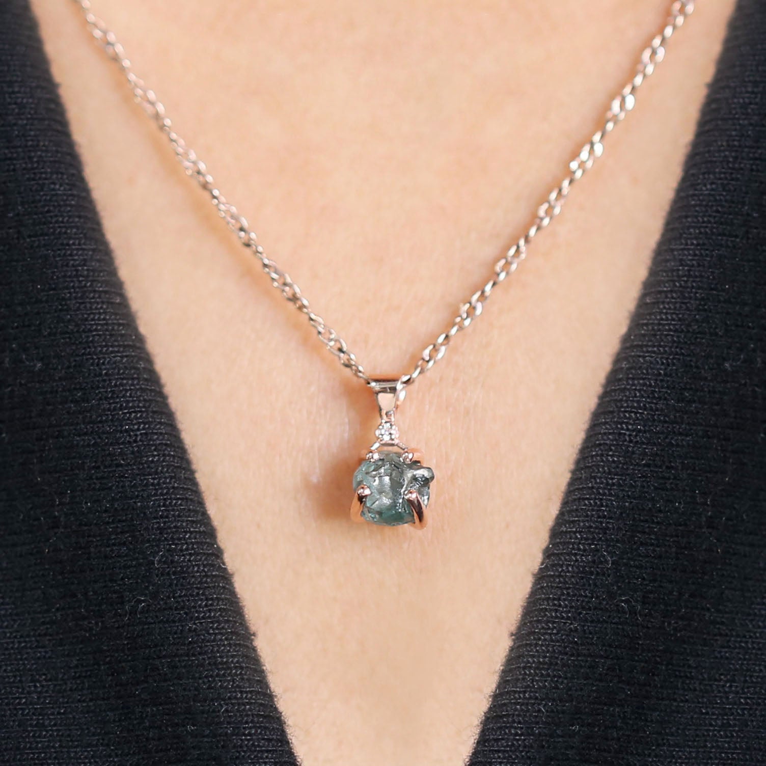 Rough Blue Color Diamond Pendant 1.48 Ct 6.85 MM Uncut Rough Pendant 14K Solid Rose Gold Silver Engagement Pendant Gift For Her QL2348