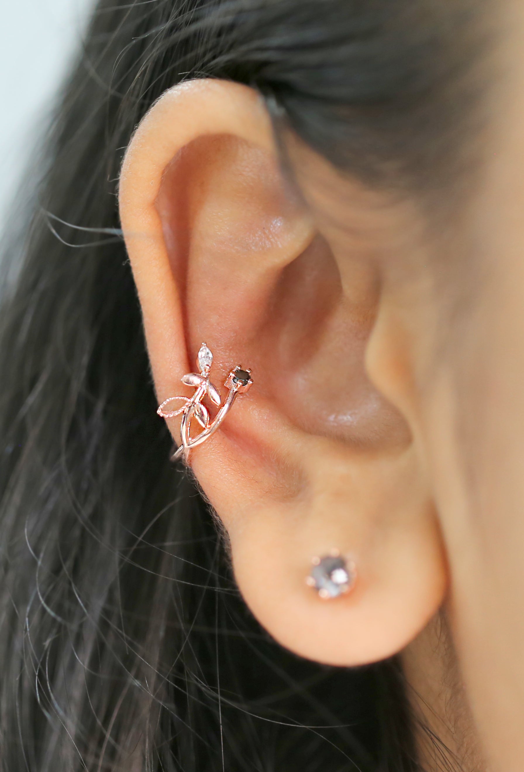 Natural Round / Marquise Diamond 14K Solid Rose White Yellow Gold Ear Cuff Ring Engagement Wedding Gift Ear Cuff KD1071