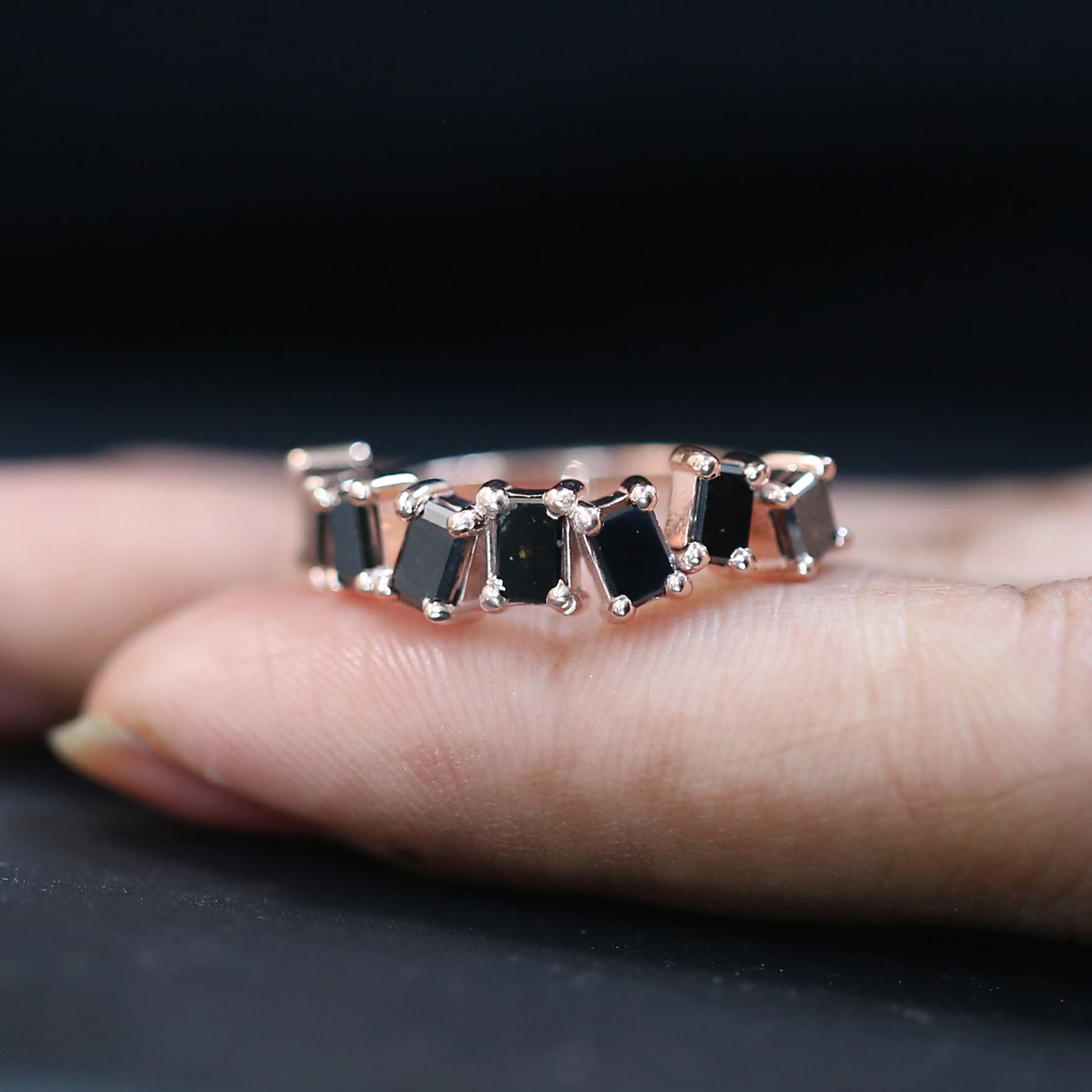 Baguette Black Color Diamond Ring 1.27 Ct 4.40 MM Baguette Cut Diamond Ring 14K Solid Rose Gold Silver Engagement Ring Gift For Her QN1358