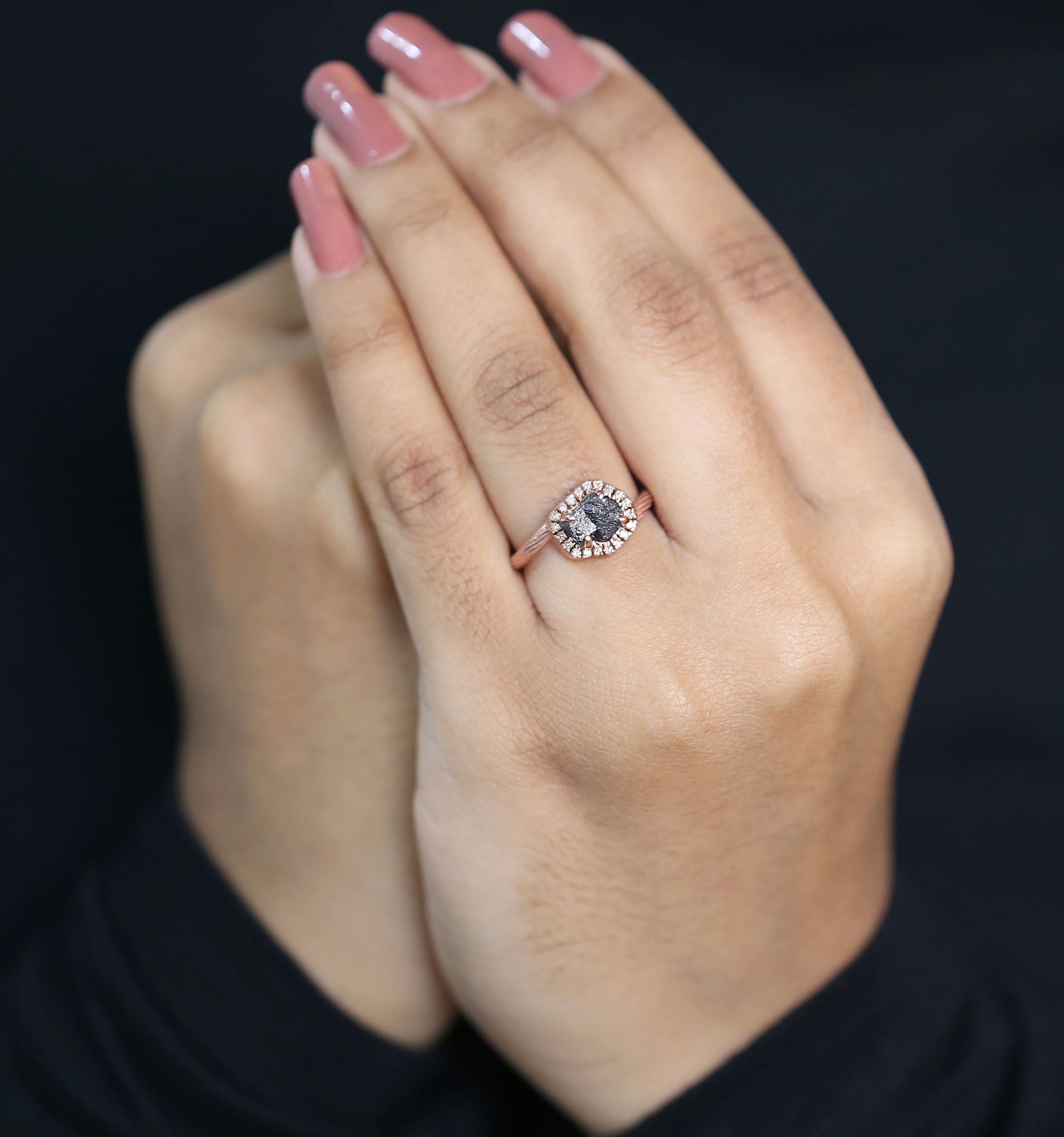 Rough Black Color Diamond Ring 1.91 Ct 7.30 MM Rough Uncut Diamond Ring 14K Solid Rose Gold Silver Rough Engagement Ring Gift For Her QL6713