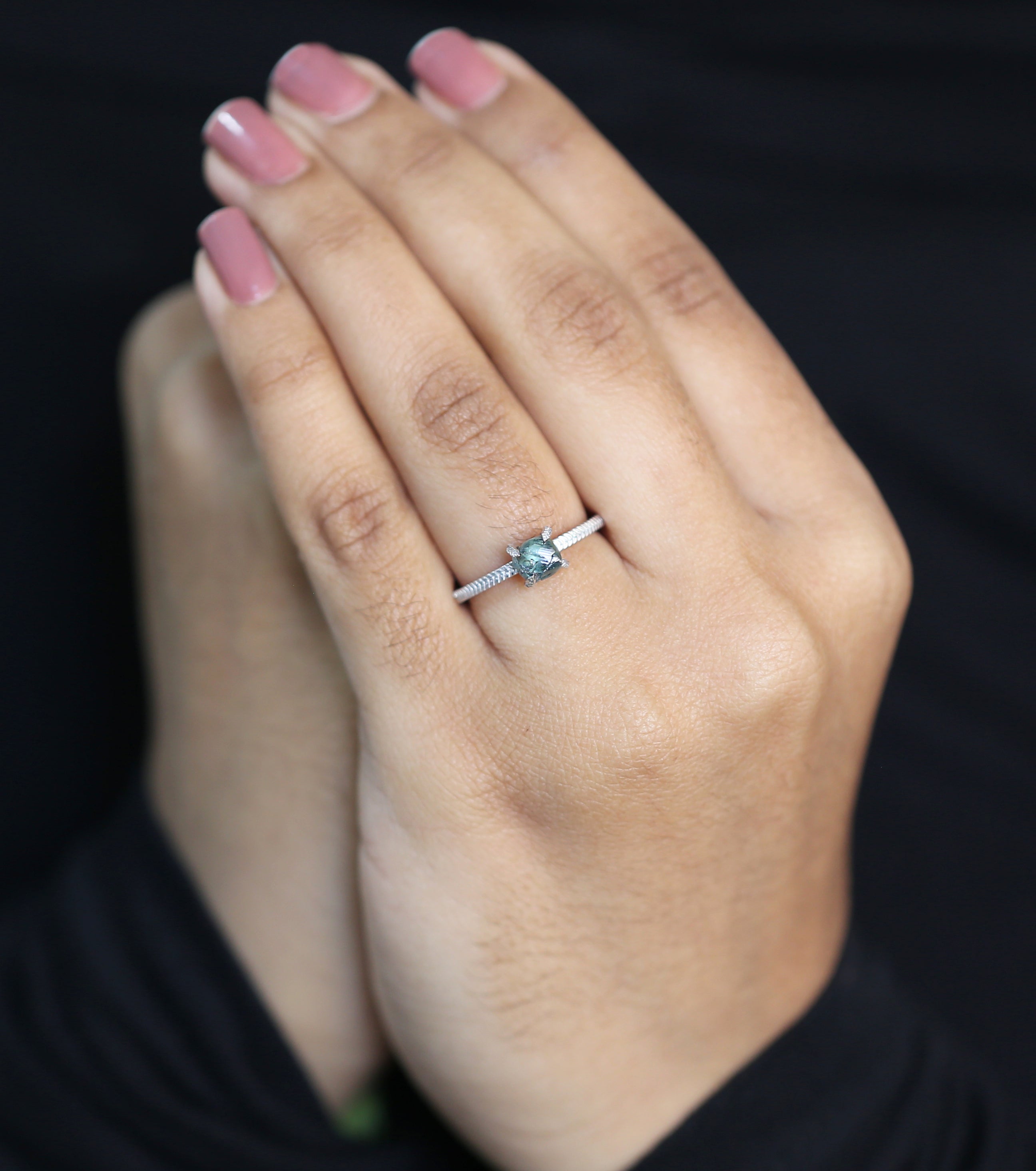 Rough Blue Color Diamond Ring 1.11 Ct 5.85 MM Crystal Rough Diamond Ring 14K Solid White Gold Silver Engagement Ring Gift For Her QL2358