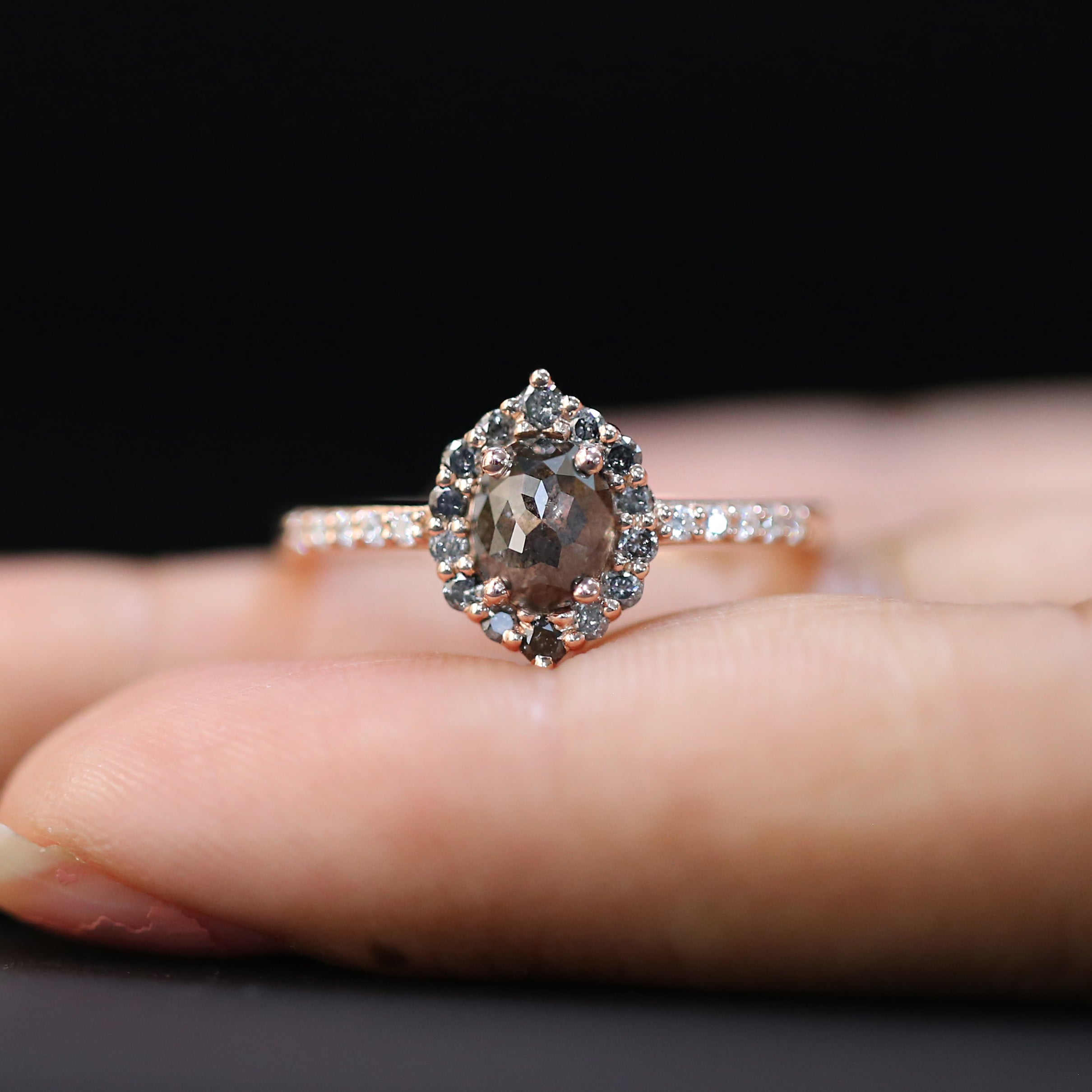 Oval Cut Salt And Pepper Diamond Ring 0.93 Ct 6.05 MM Oval Shape Diamond Ring 14K Solid Rose Gold Silver Engagement Ring Gift For Her QN2522