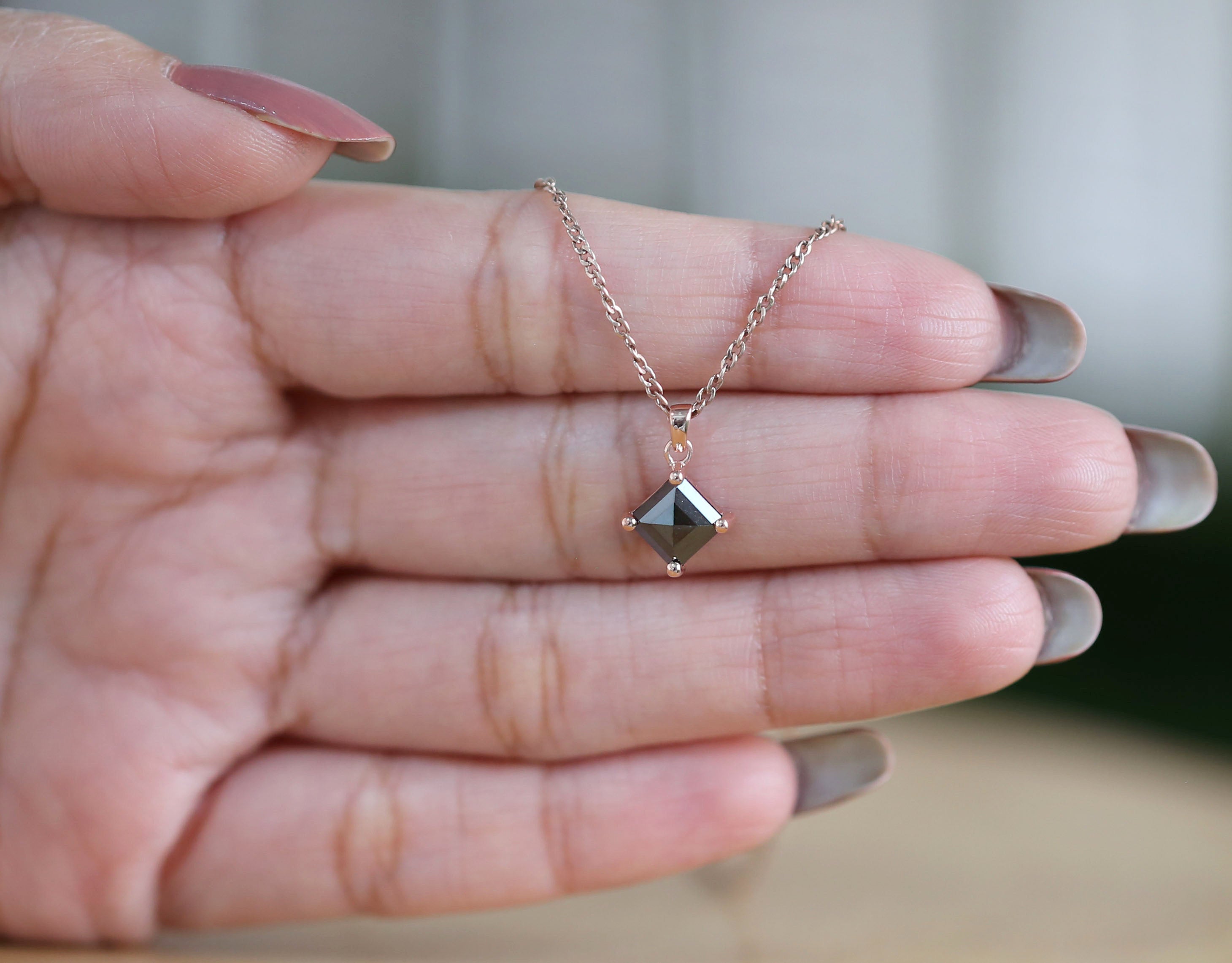 Kite Cut Black Color Diamond Pendant 1.20 Ct 8.35 MM Kite Diamond Pendant 14K Solid Rose Gold Silver Engagement Pendant Gift For Her QN553