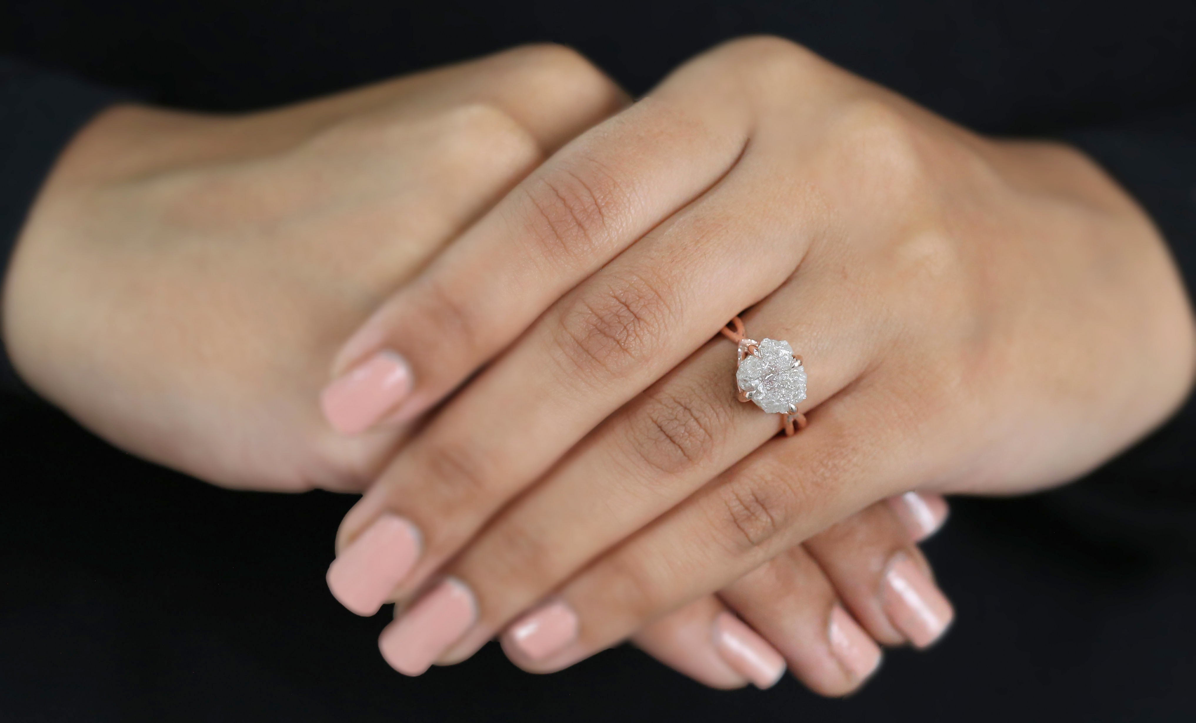 Rough Grey Color Diamond Ring 4.42 Ct 9.90 MM Crystal Rough Diamond Ring 14K Solid Rose Gold Silver Engagement Ring Gift For Her QN9754