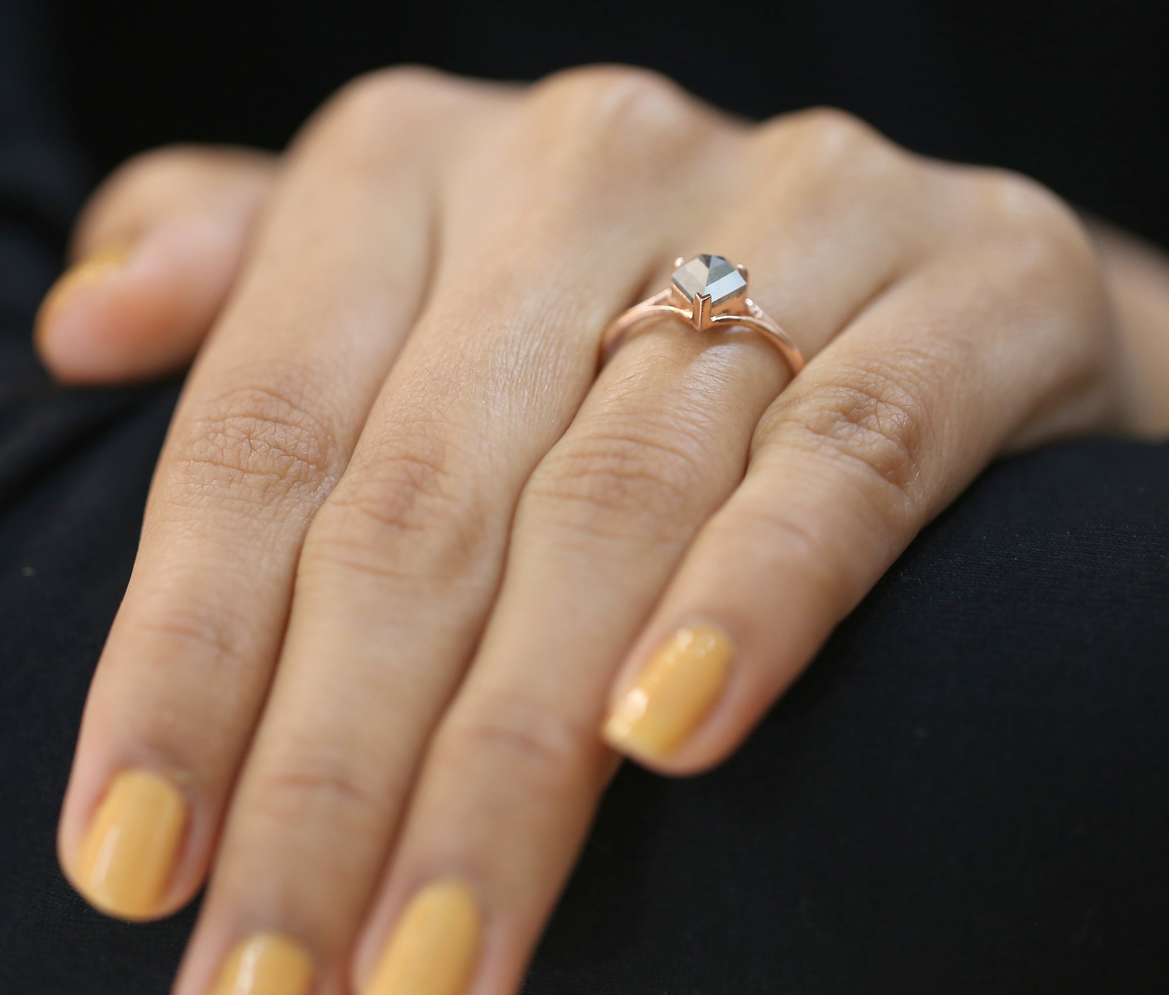 Shield Salt And Pepper Diamond Ring 0.88 Ct 7.20 MM Shield Shape Diamond Ring 14K Solid Rose Gold Silver Engagement Ring Gift For Her QN9205