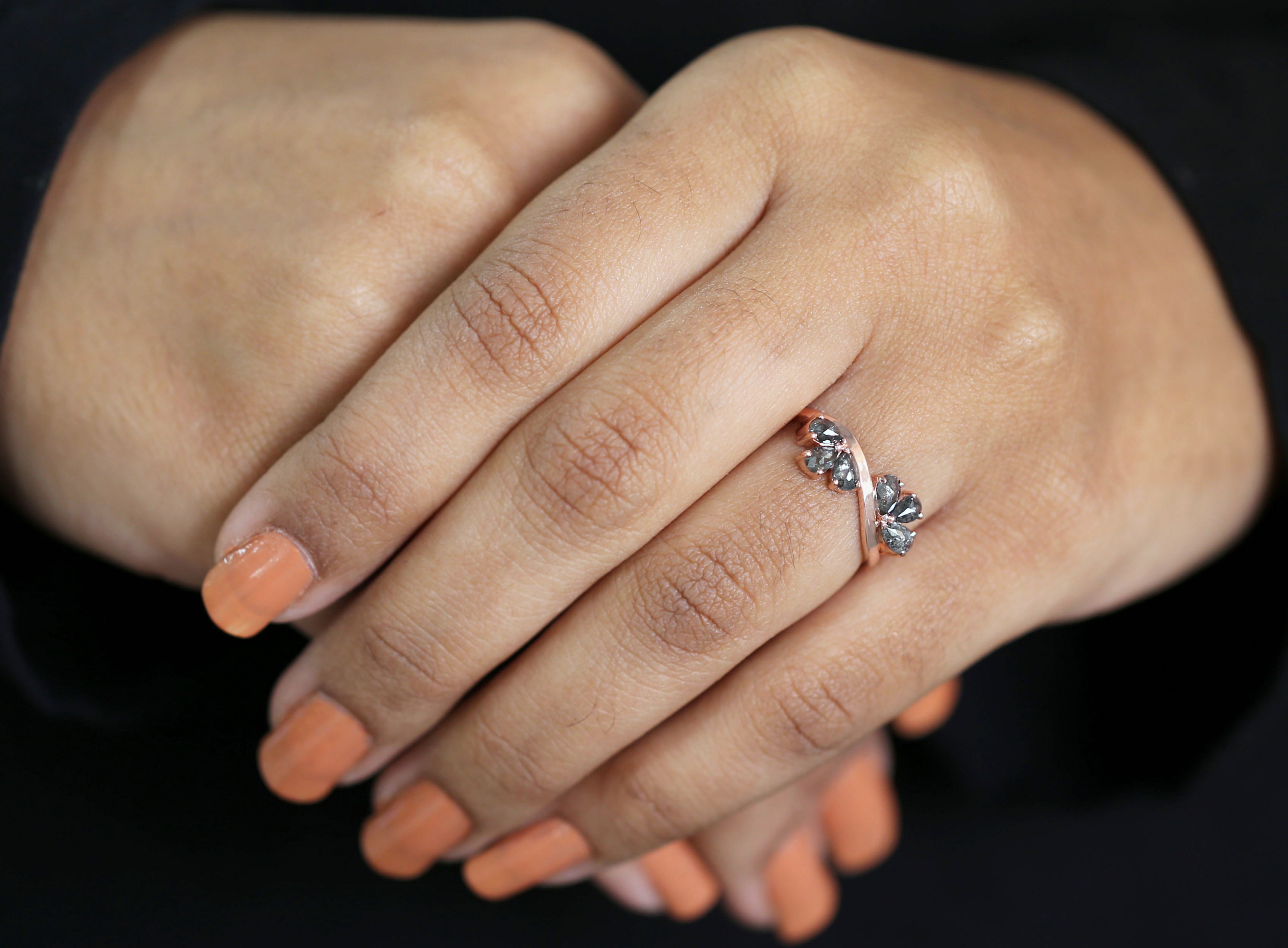 Pear Cut Salt And Pepper Diamond Ring 0.82 Ct 4.55 MM Pear Diamond Ring 14K Solid Rose Gold Silver Pear Engagement Ring Gift For Her QLB1311