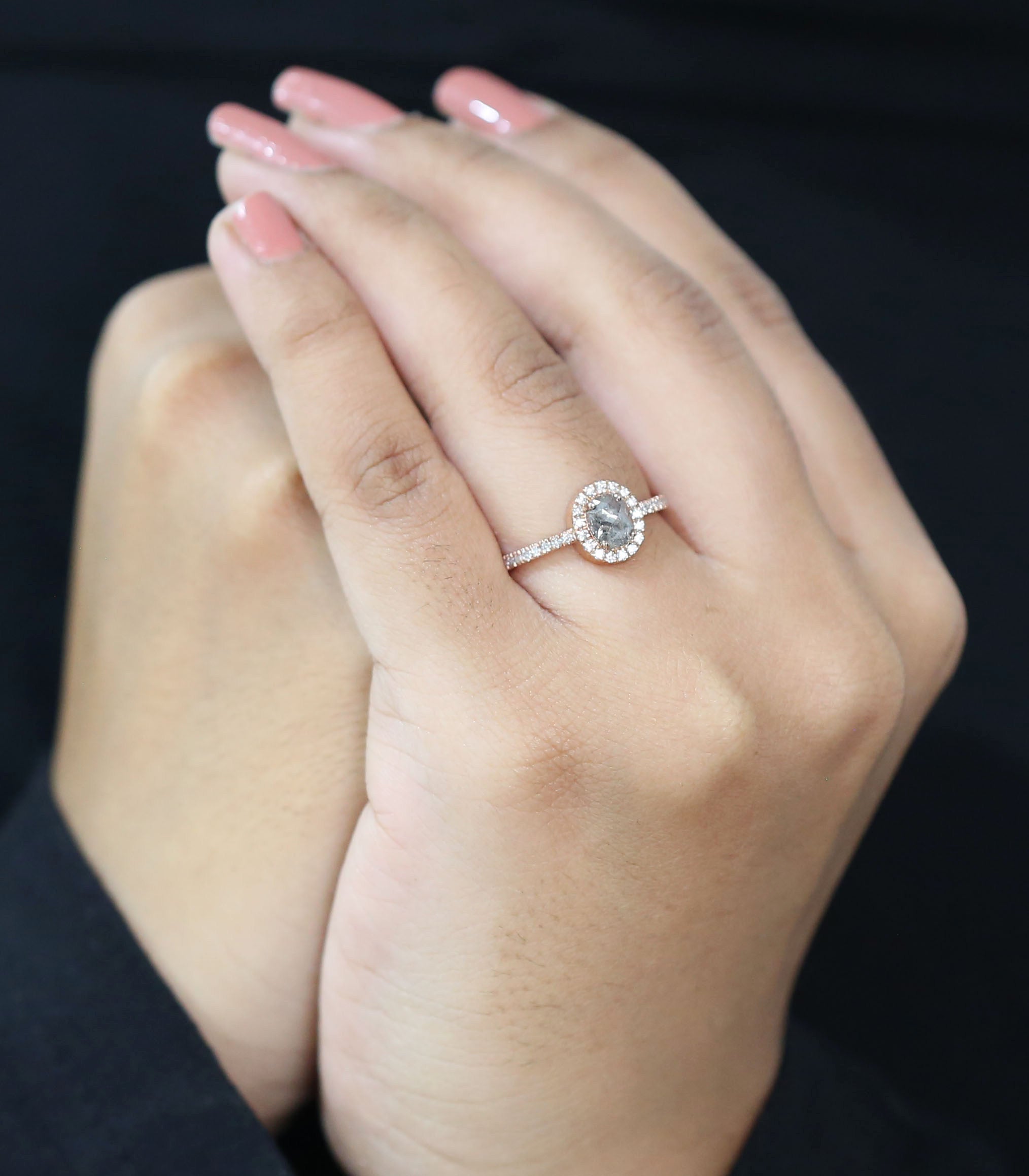 Oval Cut Salt And Pepper Diamond Ring 0.86 Ct 5.90 MM Oval Diamond Ring 14K Solid Rose Gold Silver Oval Engagement Ring Gift For Her QL3027