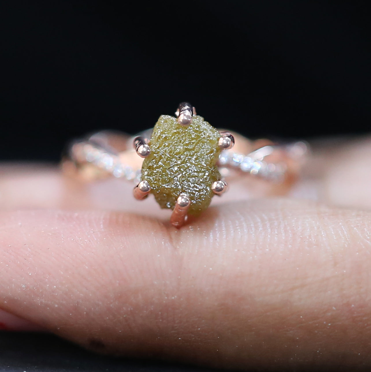 Rough Yellow Color Diamond Ring 3.34 Ct 8.50 MM Crystal Rough Diamond Ring 14K Solid Rose Gold Silver Engagement Ring Gift For Her QK1038