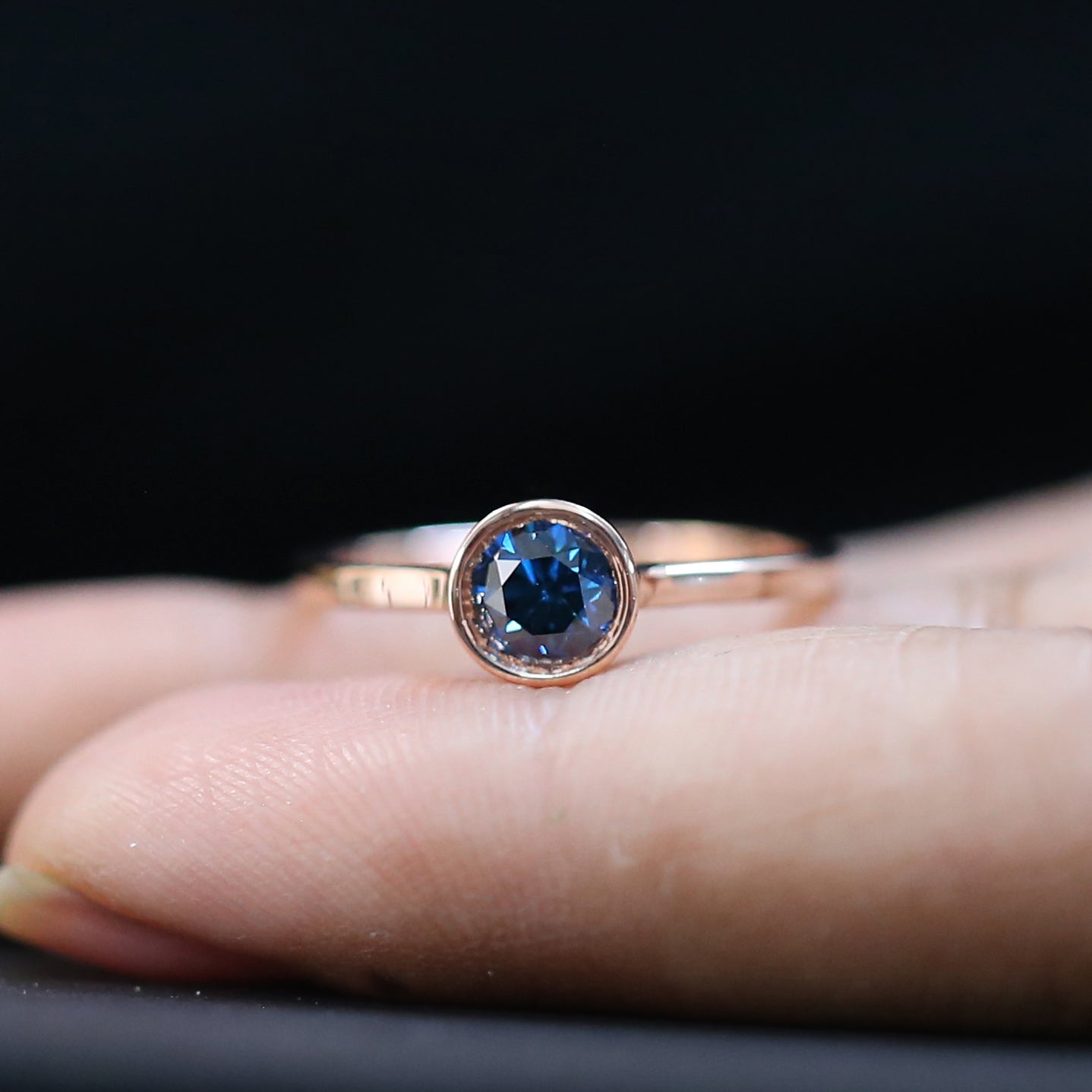 Round Shape Blue Color Diamond Ring 0.60 Ct 5.15 MM Round Cut Diamond Ring 14K Solid Rose Gold Silver Engagement Ring Gift For Her QL1659