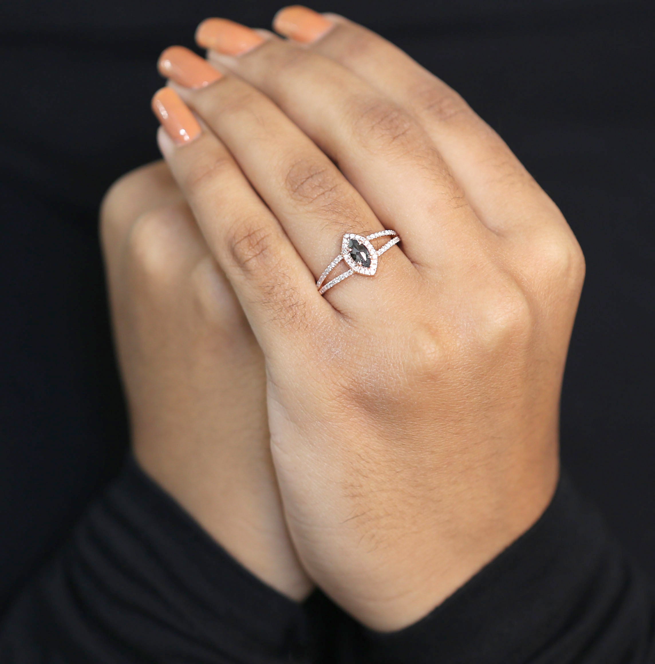 Marquise Salt And Pepper Diamond Ring Engagement Wedding Gift Ring 14K Solid Rose White Yellow Gold Ring 0.42 CT QN2490