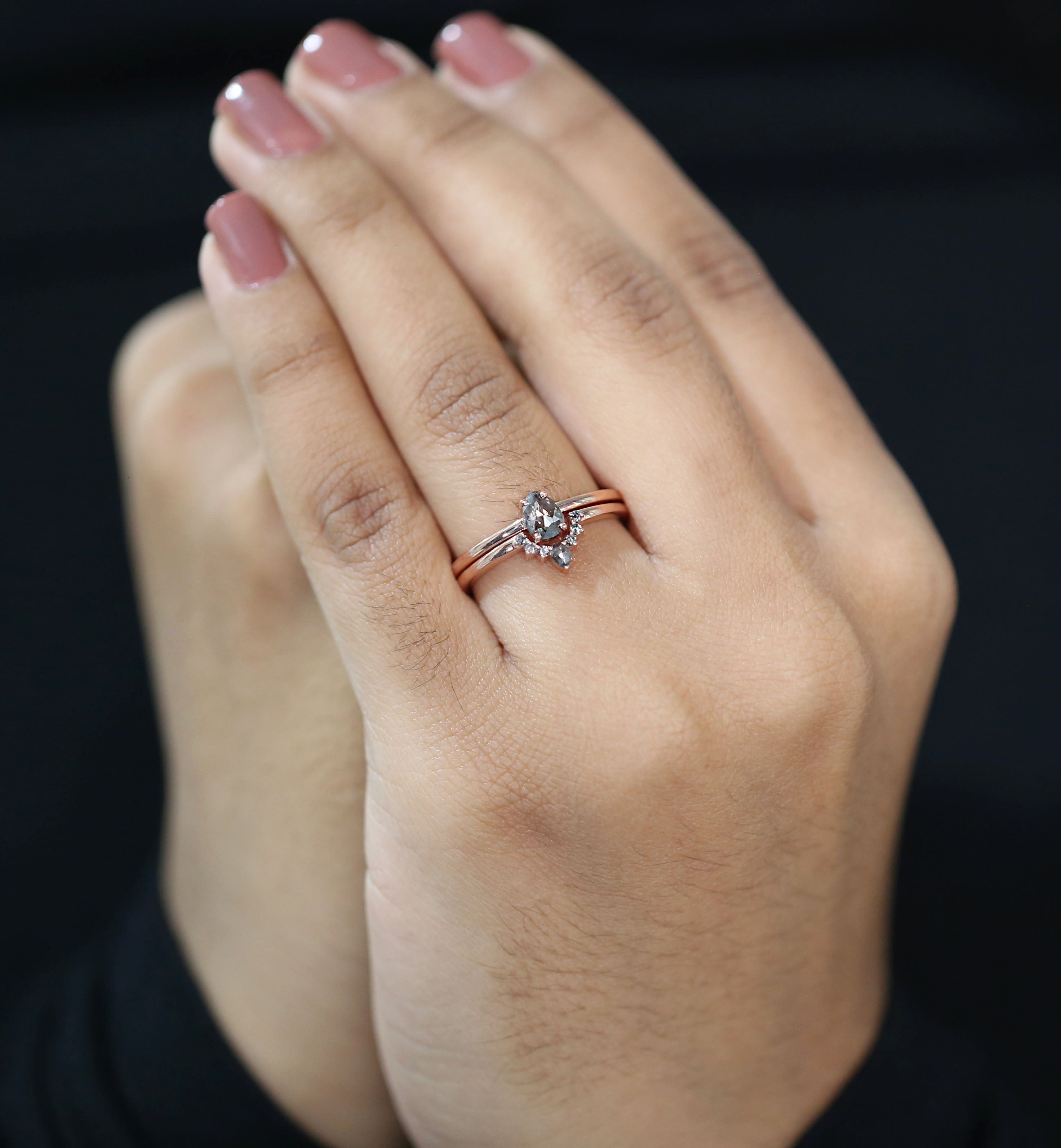 Pear Cut Salt And Pepper Diamond Ring 0.42 Ct 5.60 MM Pear Diamond Ring 14K Solid Rose Gold Silver Pear Engagement Ring Gift For Her QL3144