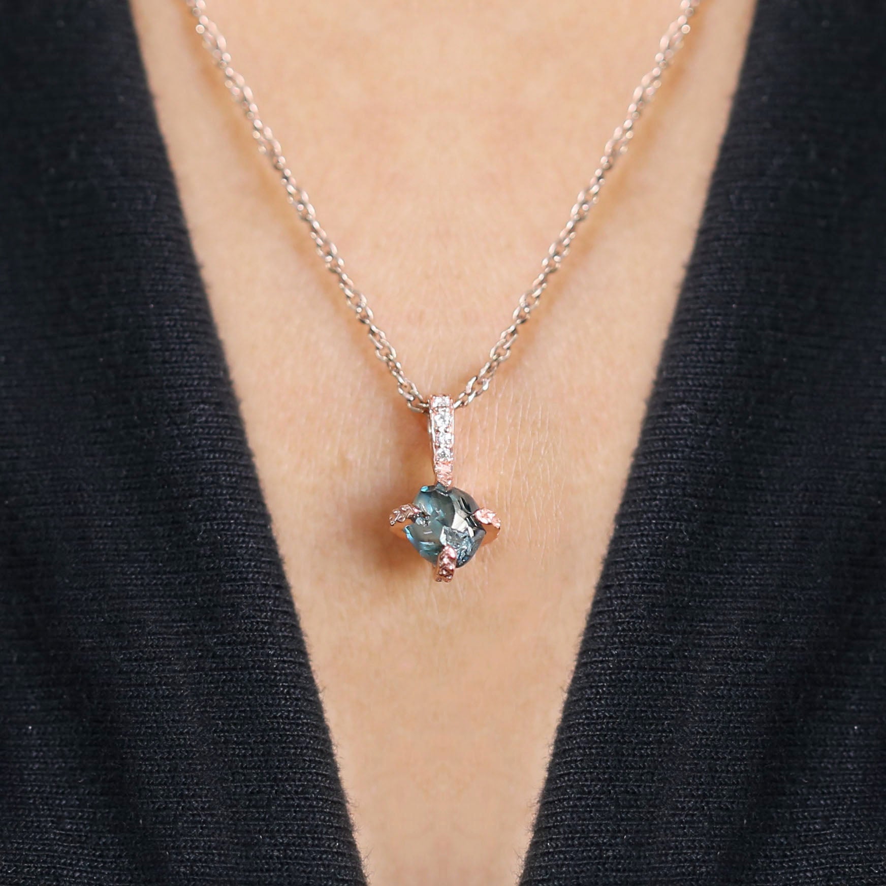 Rough Blue Color Diamond Pendant 1.36 Ct 6.31 MM Uncut Diamond Pendant 14K Solid Rose Gold Silver Engagement Pendant Gift For Her QL2343