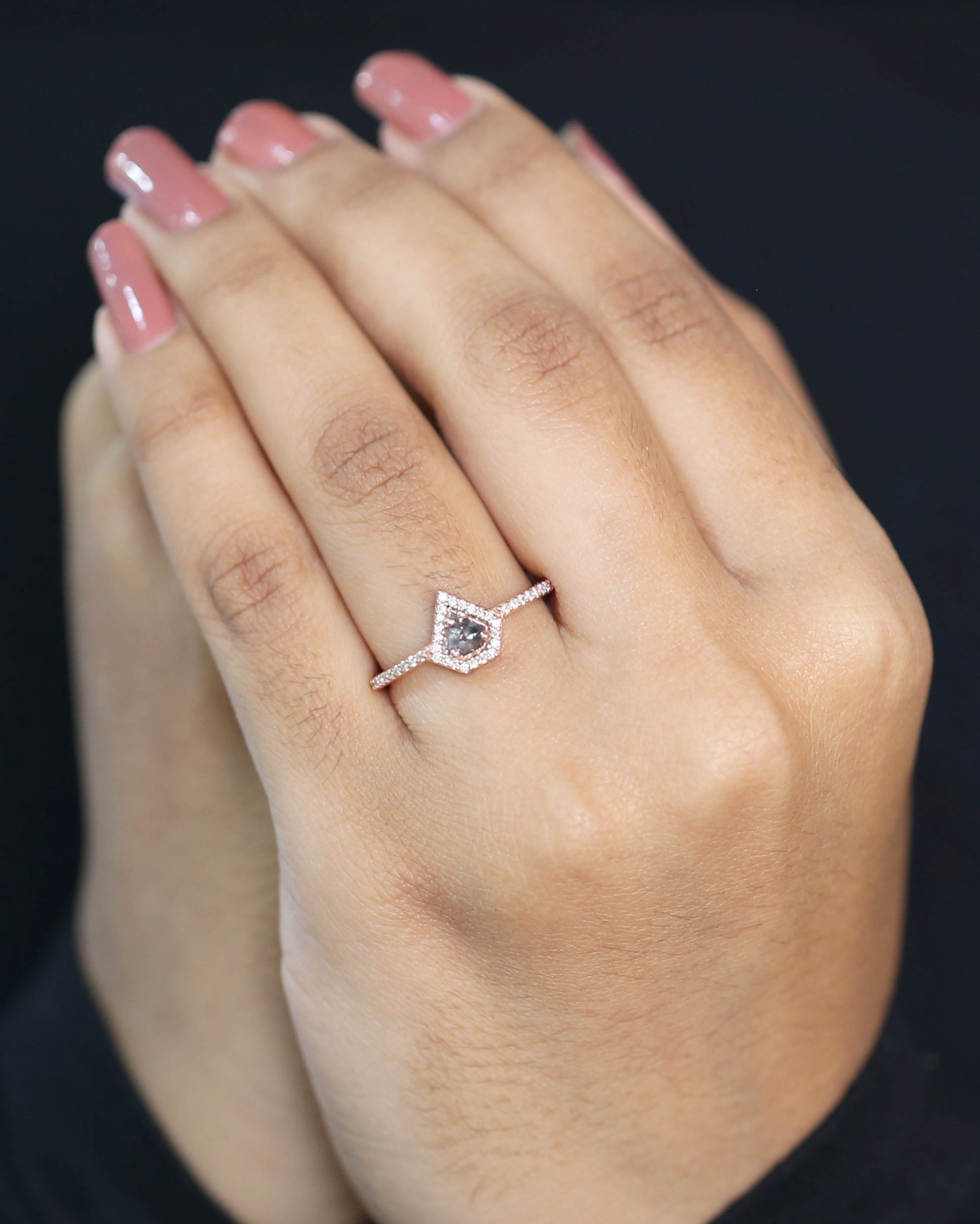 Shield Salt And Pepper Diamond Ring 0.32 Ct 4.60 MM Shield Shape Diamond Ring 14K Solid Rose Gold Silver Engagement Ring Gift For Her QN2532