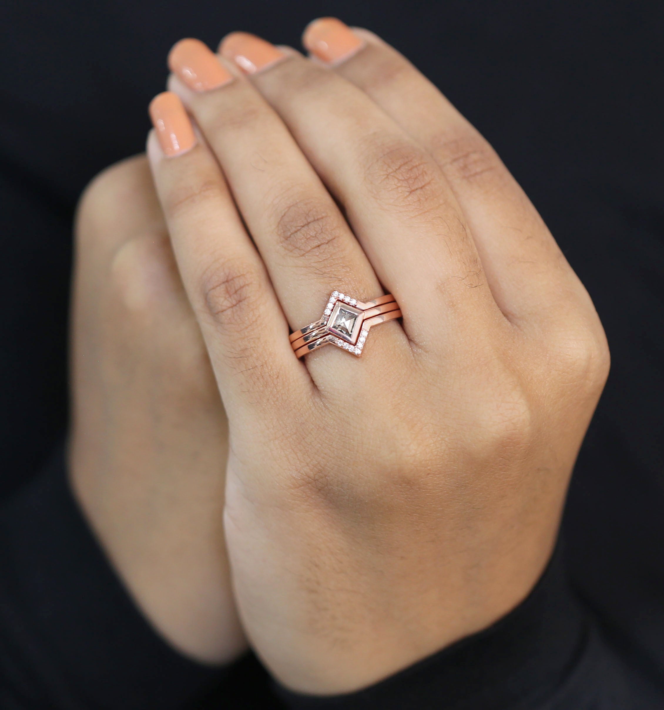 Kite Cut Salt And Pepper Diamond Ring 0.29 Ct 6.00 MM Kite Diamond Ring 14K Solid Rose Gold Silver Kite Engagement Ring Gift For Her QLB3123