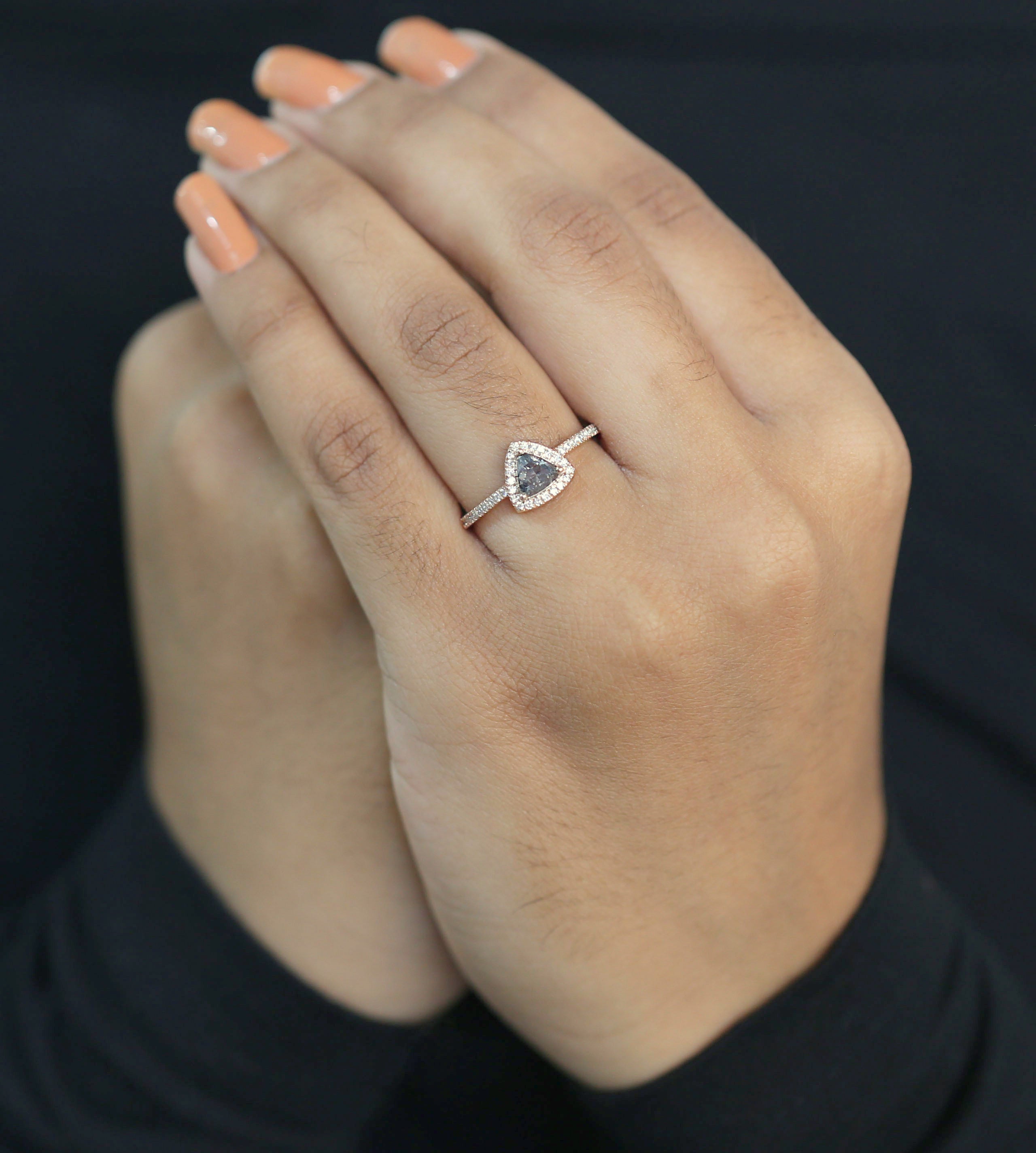 Triangle Salt And Pepper Diamond Ring 0.60 Ct 5.15 MM Triangle Diamond Ring 14K Solid Rose Gold Silver Engagement Ring Gift For Her QL3130