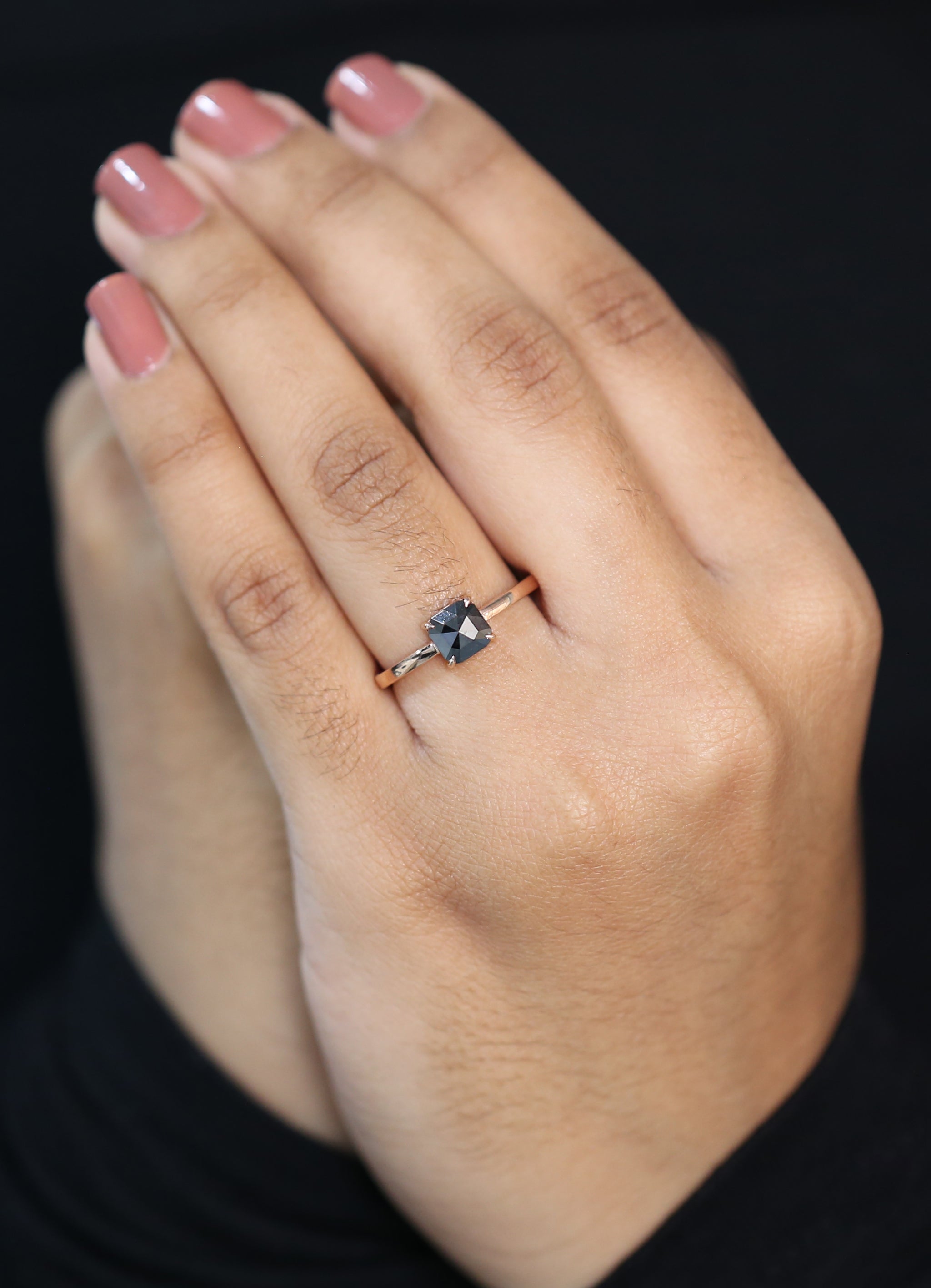 Cushion Shape Black Color Diamond Ring 0.88 Ct 5.99 MM Cushion Diamond Ring 14K Solid Rose Gold Silver Engagement Ring Gift For Her QL3140