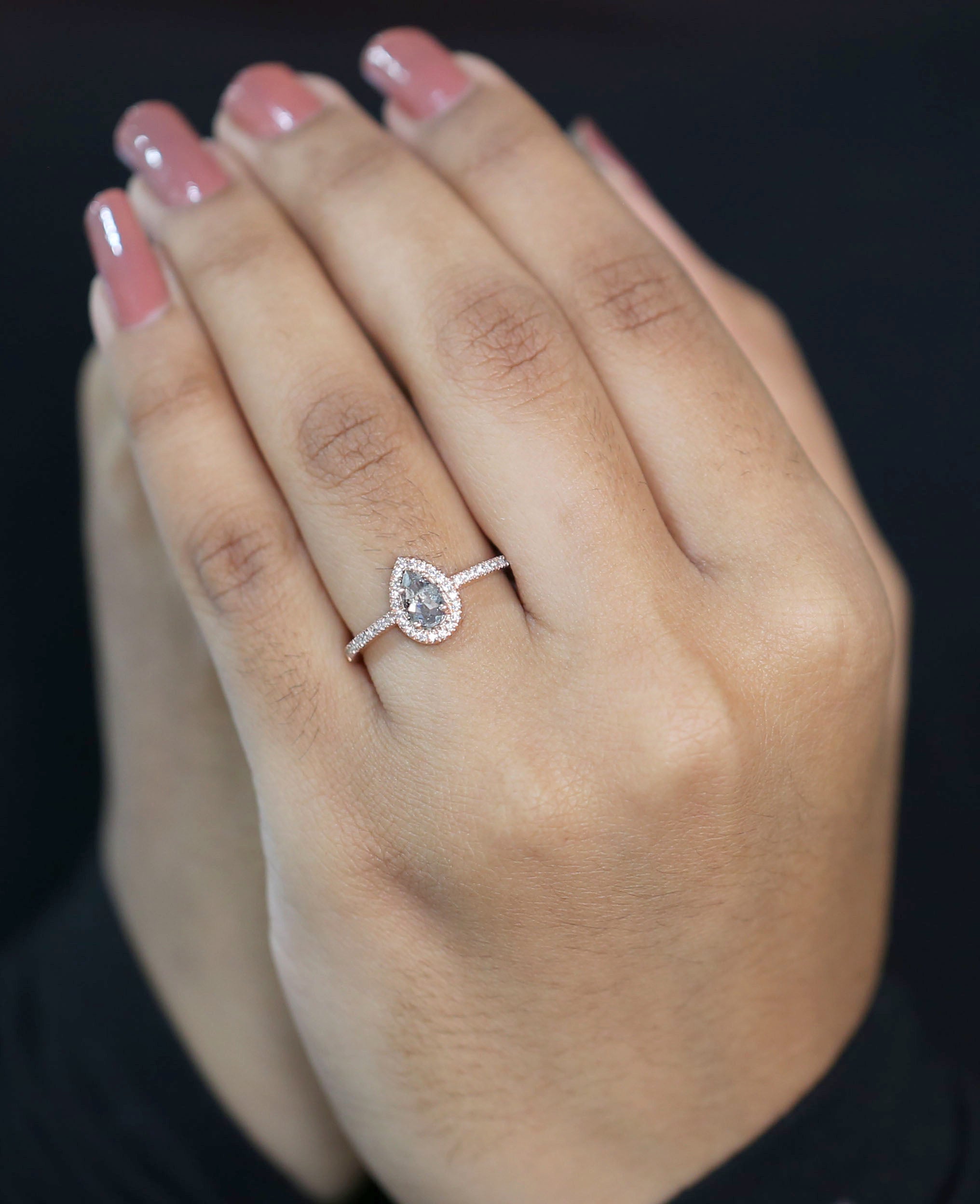 Pear Cut Salt And Pepper Diamond Ring 0.45 Ct 6.55 MM Pear Shape Diamond Ring 14K Solid Rose Gold Silver Engagement Ring Gift For Her QL3133