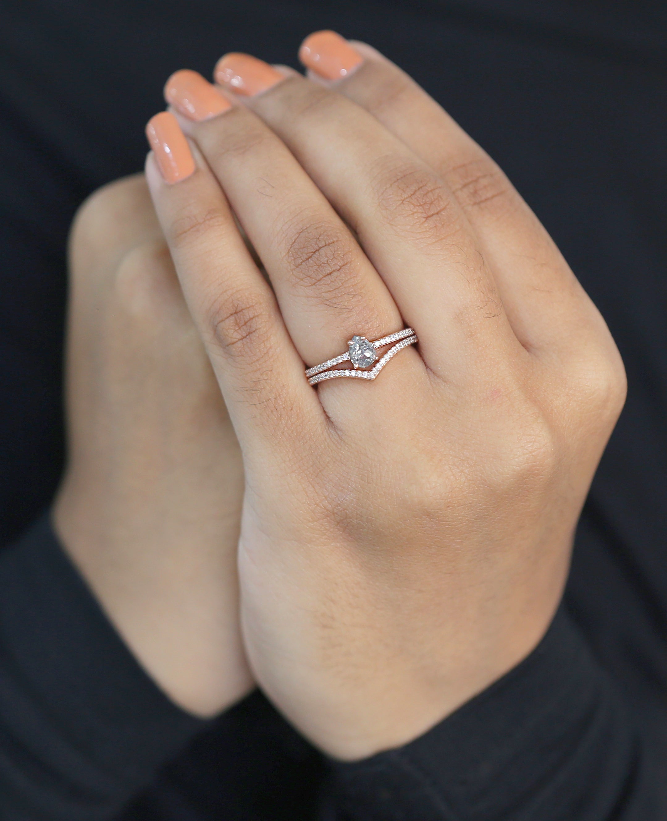 Pear Cut Salt And Pepper Diamond Ring 0.34 Ct 5.80 MM Pear Diamond Ring 14K Solid Rose Gold Silver Pear Engagement Ring Gift For Her QL3127