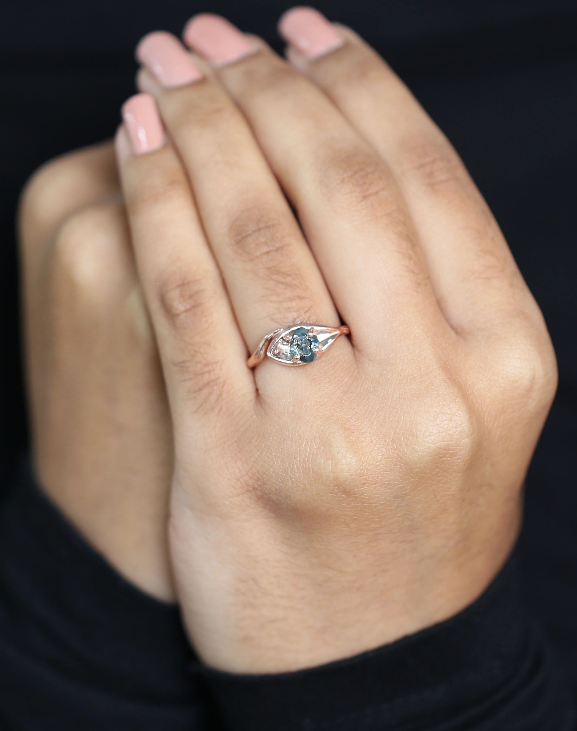 Rough Blue Color Diamond Ring 1.30 Ct 6.12 MM Crystal Rough Diamond Ring 14K Solid Rose Gold Silver Engagement Ring Gift For Her QL2277