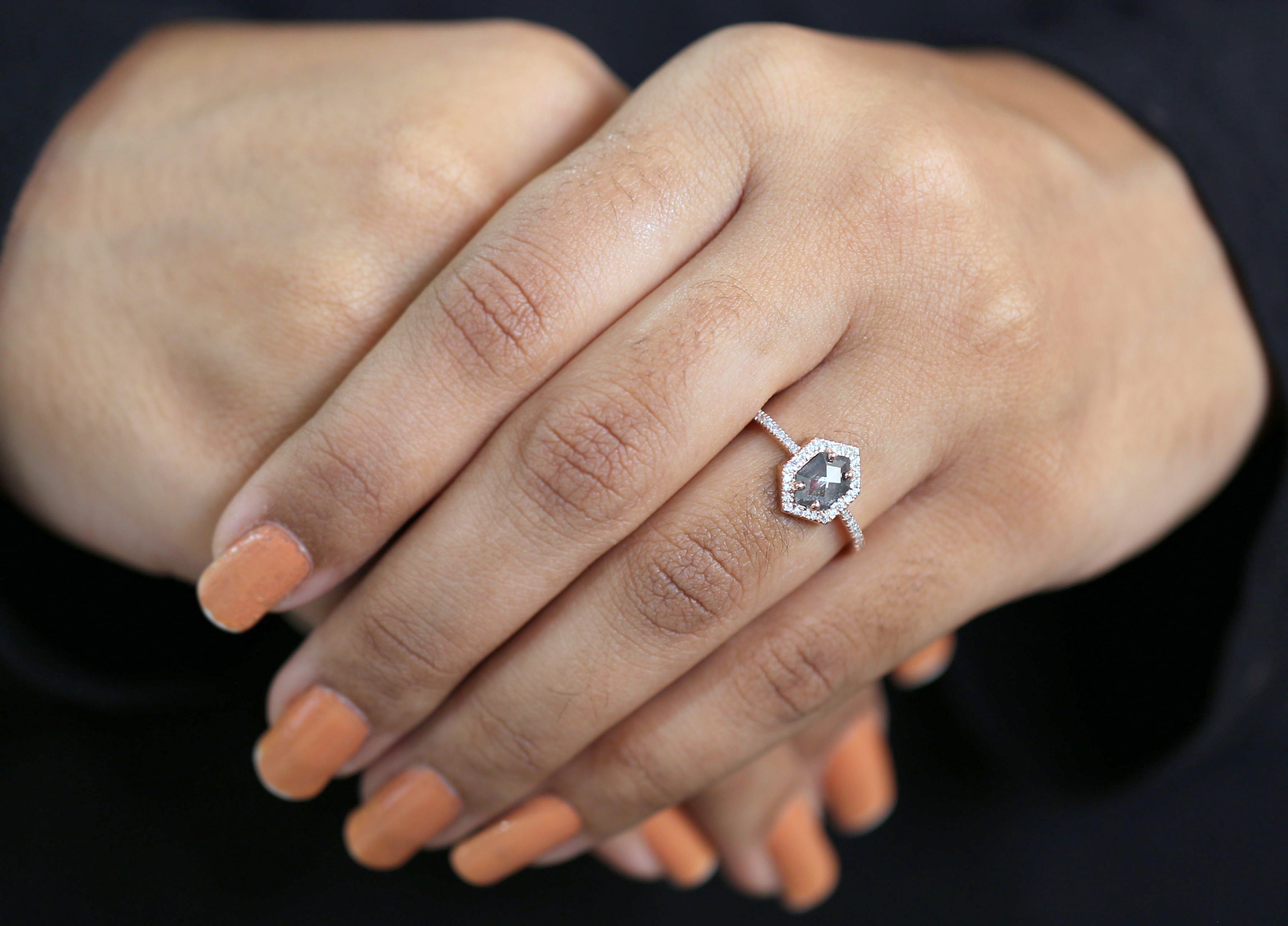 Hexagon Cut Salt And Pepper Diamond Ring 0.45 Ct 7.15 MM Hexagon Diamond Ring 14K Solid Rose Gold Silver Engagement Ring Gift For Her QL3132